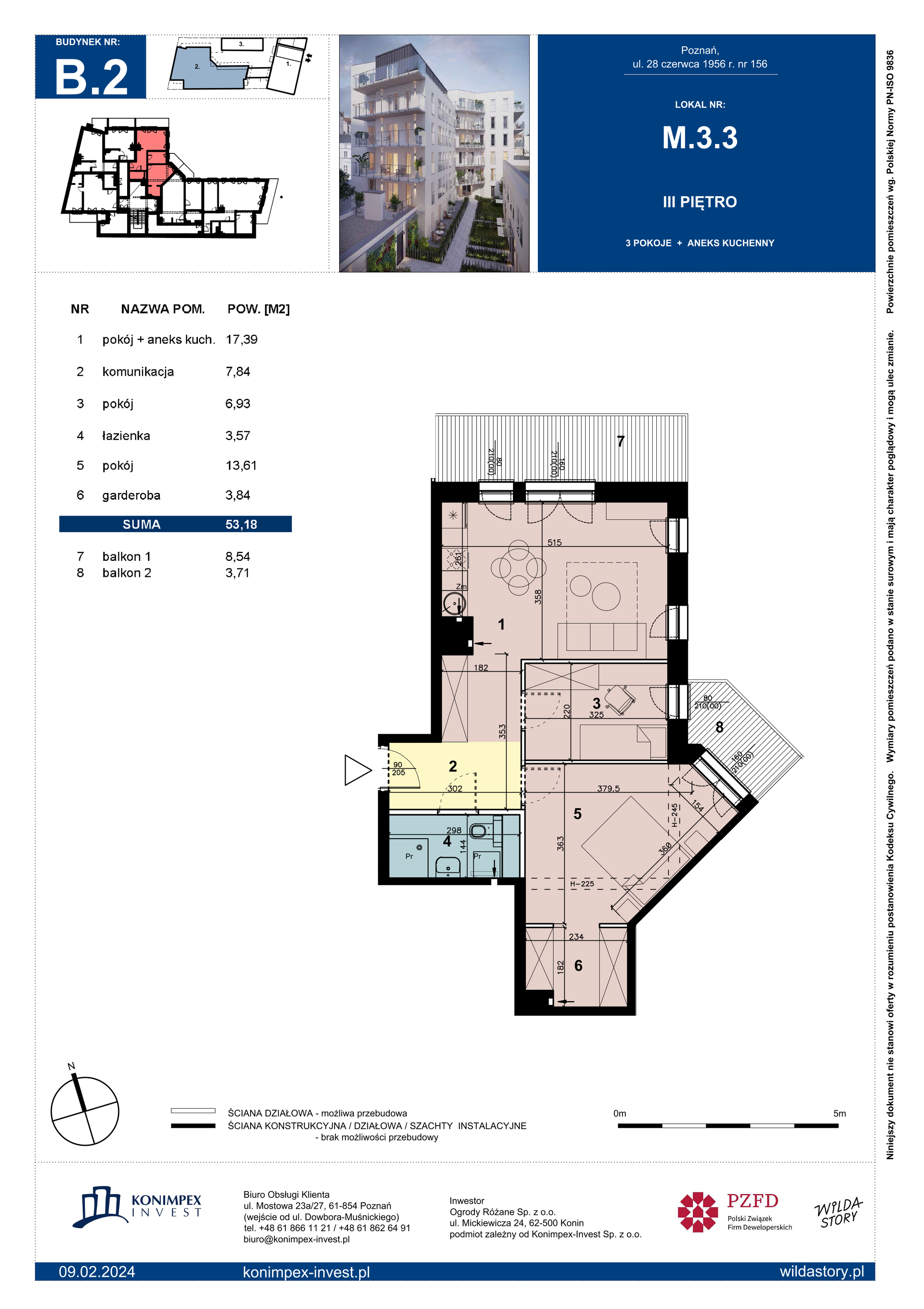 Mieszkanie 53,18 m², piętro 3, oferta nr B2/M/3/3, Wilda Story, Poznań, Wilda, Wilda, ul. 28 Czerwca 1956 r. 156-idx