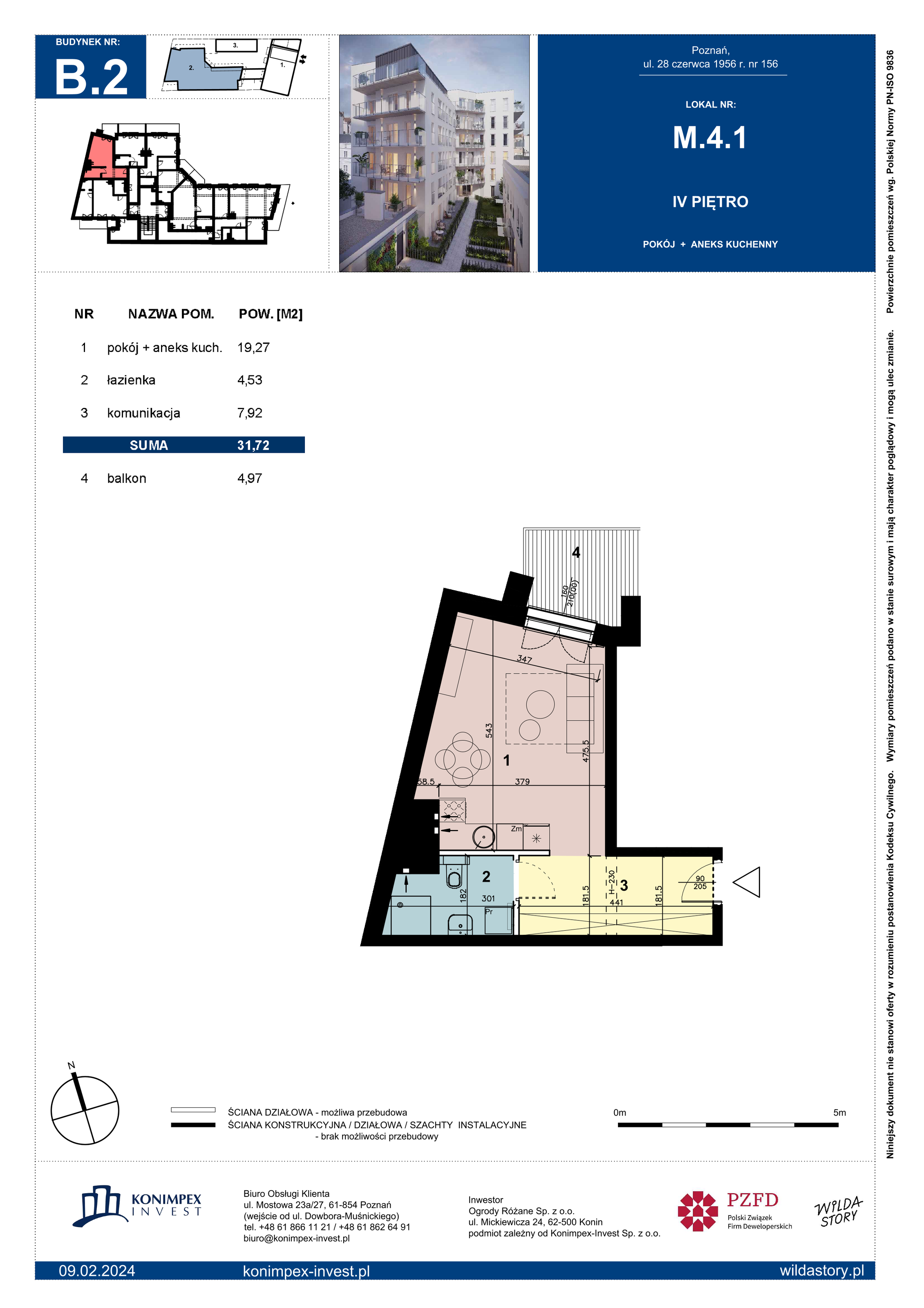 Apartament 31,72 m², piętro 4, oferta nr B2/M/4/1, Wilda Story, Poznań, Wilda, Wilda, ul. 28 Czerwca 1956 r. 156-idx