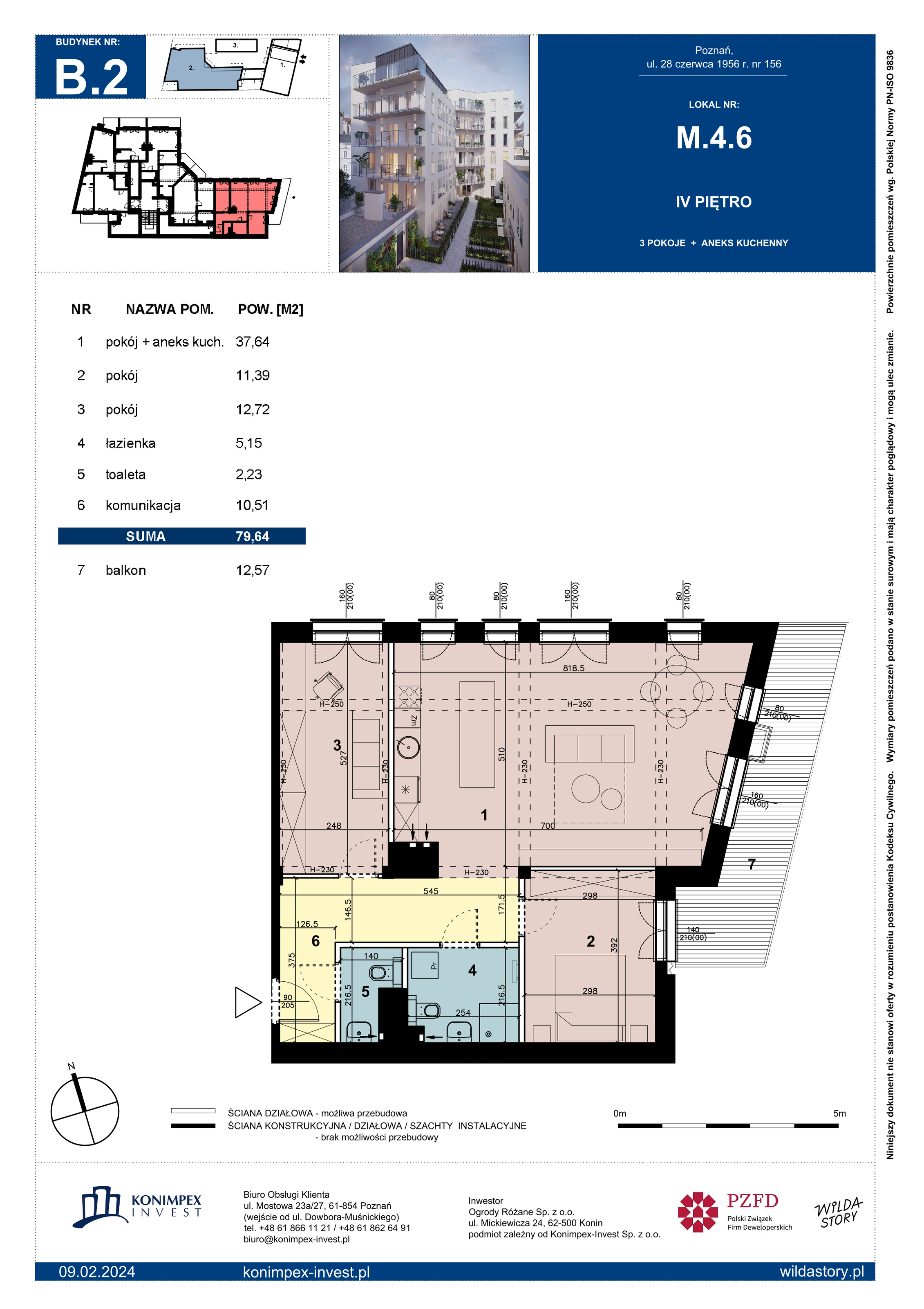 Mieszkanie 79,64 m², piętro 4, oferta nr B2/M/4/6, Wilda Story, Poznań, Wilda, Wilda, ul. 28 Czerwca 1956 r. 156-idx