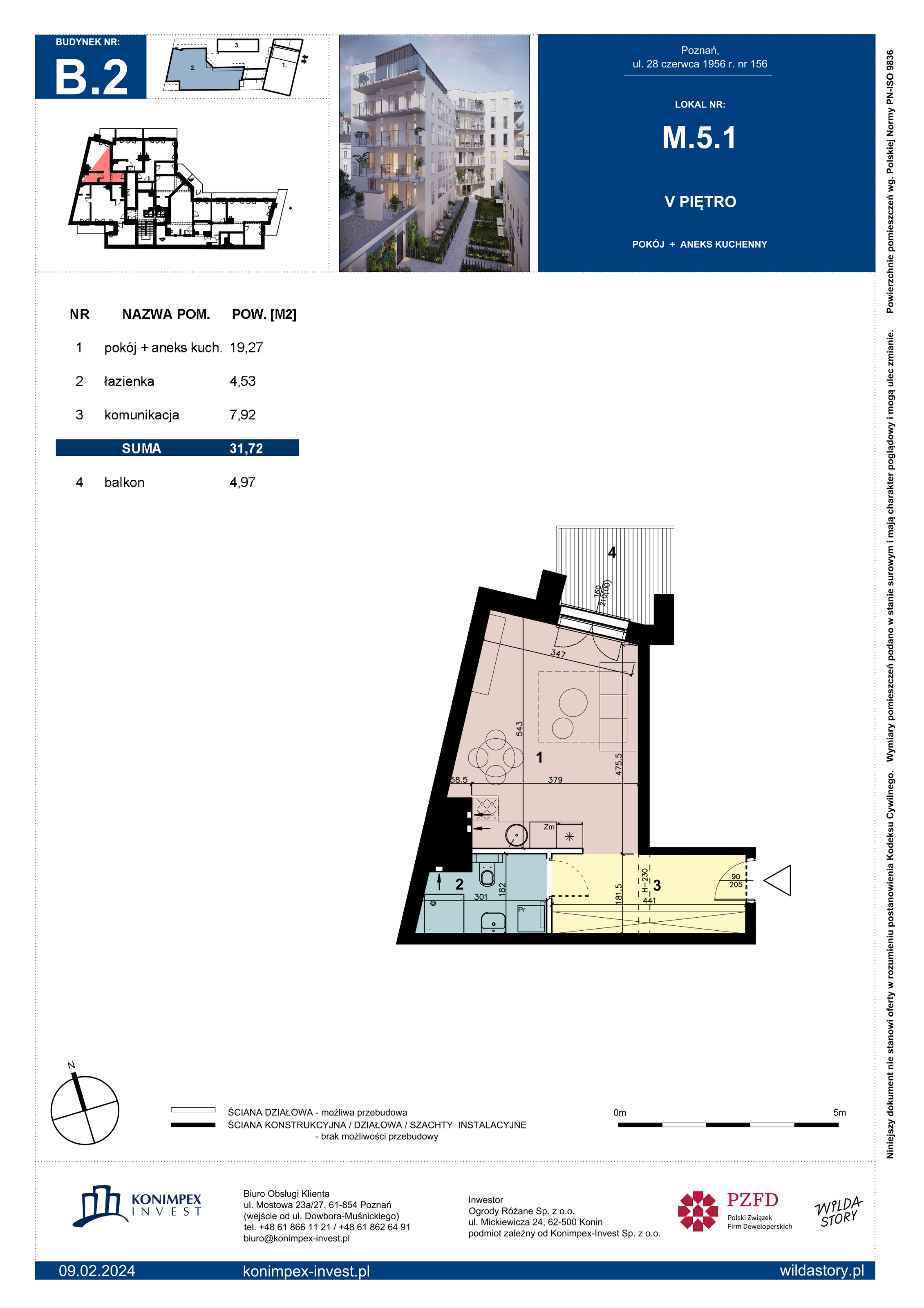 Apartament 31,72 m², piętro 5, oferta nr B2/M/5/1, Wilda Story, Poznań, Wilda, Wilda, ul. 28 Czerwca 1956 r. 156-idx