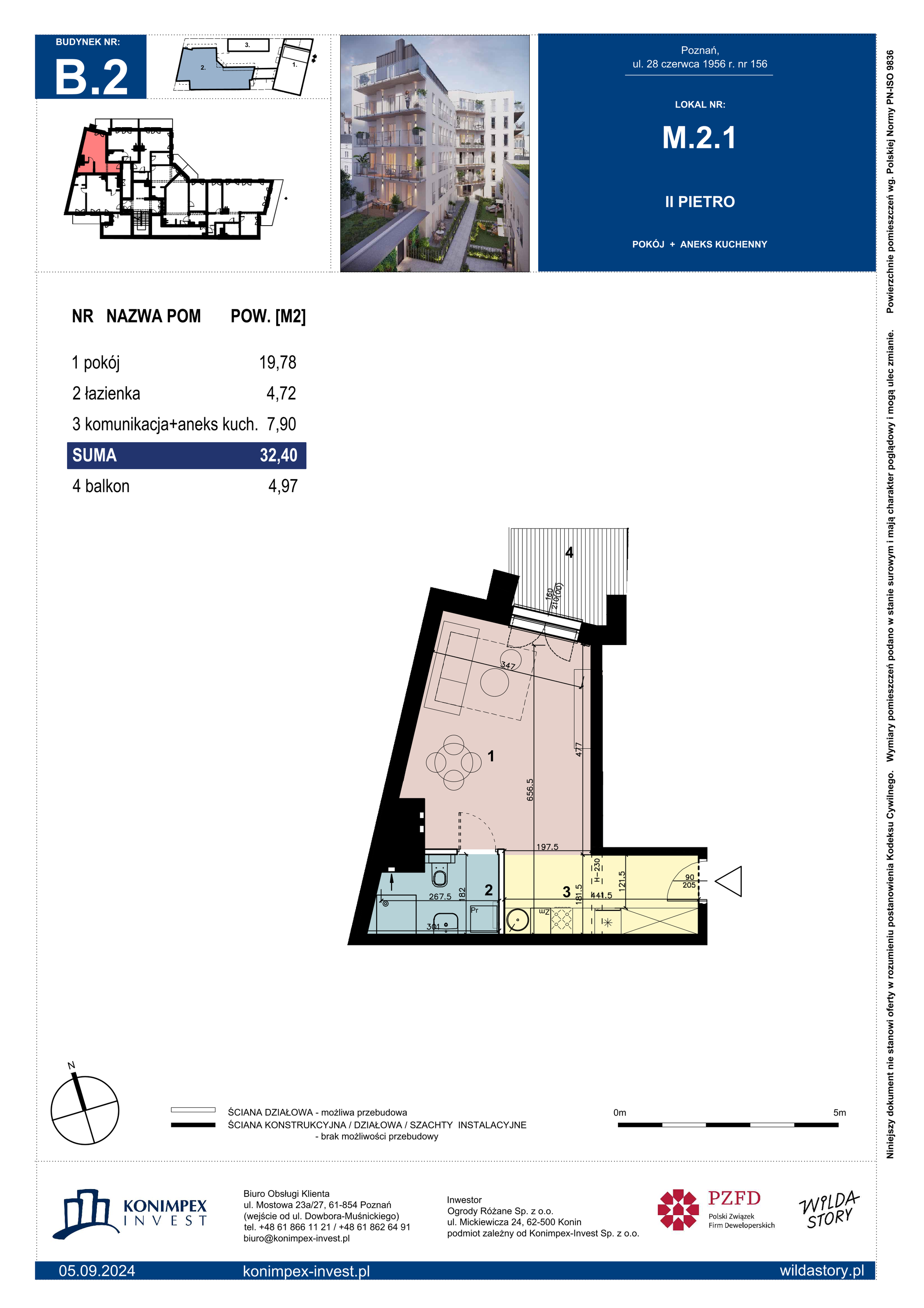 Apartament 32,40 m², piętro 2, oferta nr B2/M/2/1, Wilda Story, Poznań, Wilda, Wilda, ul. 28 Czerwca 1956 r. 156-idx