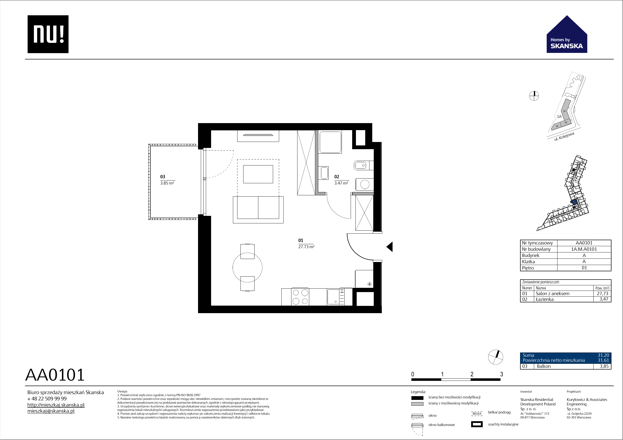 Mieszkanie 31,21 m², piętro 1, oferta nr AA0101, NU Warszawa Wola, Warszawa, Wola, Czyste, ul. Kolejowa-idx