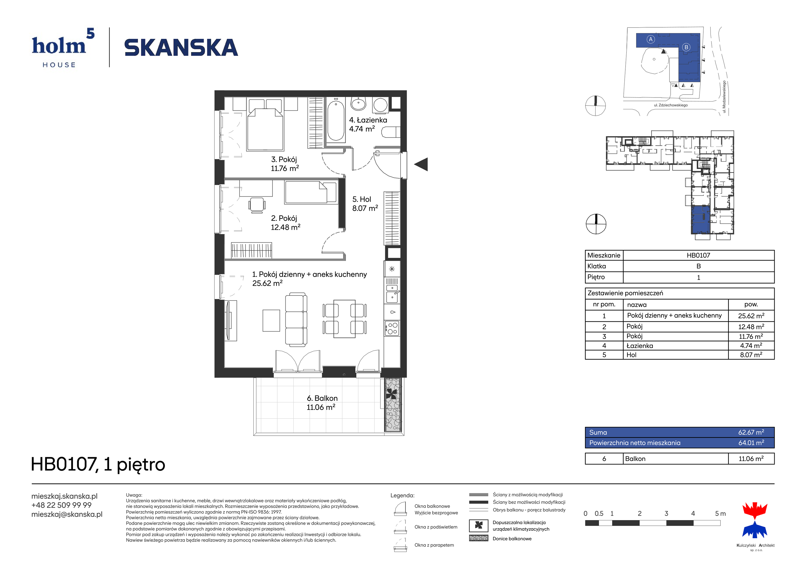 Mieszkanie 62,67 m², piętro 1, oferta nr HB0107, Holm House, Warszawa, Mokotów, Ksawerów, ul. Zdziechowskiego-idx