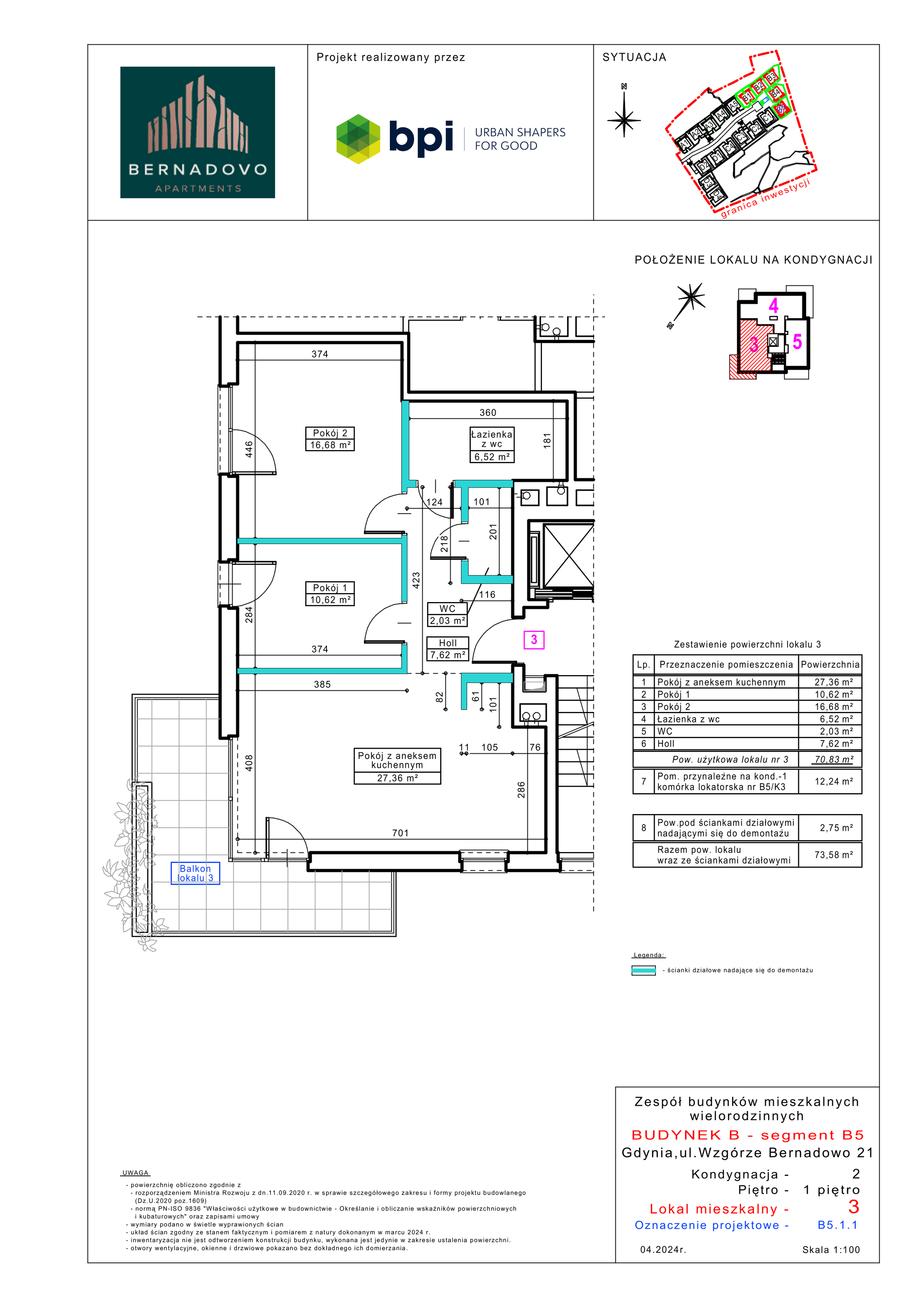 Mieszkanie 70,83 m², piętro 1, oferta nr B5.1.1, Bernadovo, Gdynia, Mały Kack, Mały Kack, ul. Wzgórze Bernadowo-idx