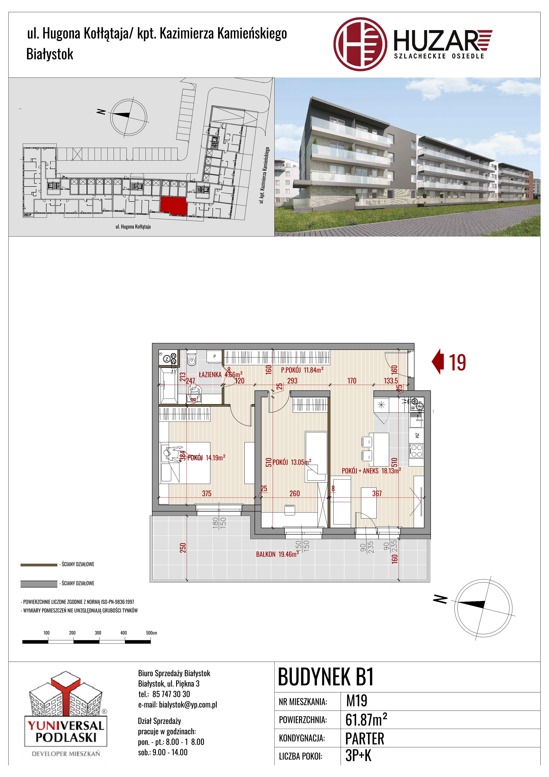 Mieszkanie 61,87 m², parter, oferta nr B1/19, Huzar, Białystok, Bacieczki, ul. Hugona Kołłątaja / kpt. Kazimierza Kamieńskiego-idx