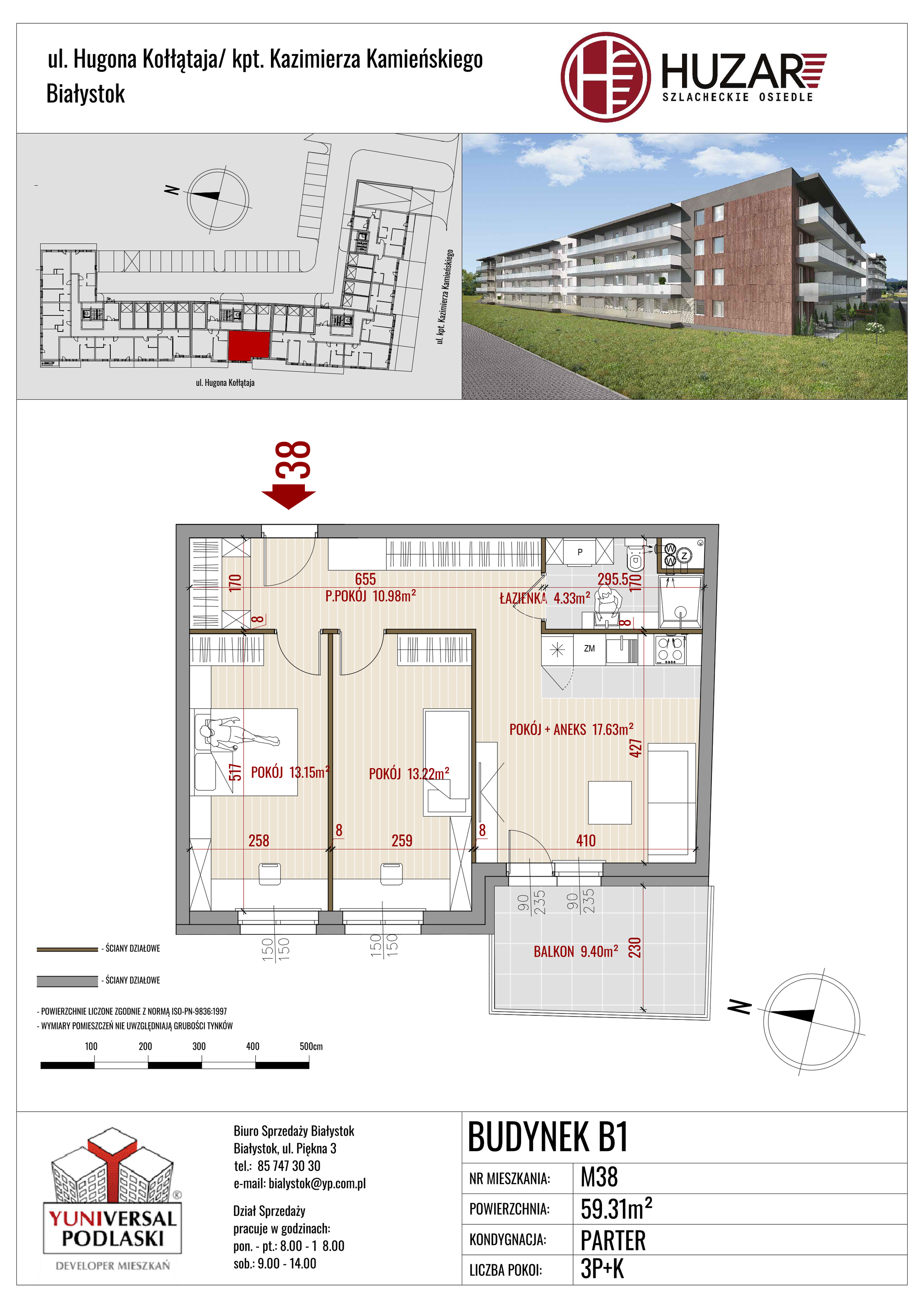 Mieszkanie 59,31 m², parter, oferta nr B1/38, Huzar, Białystok, Bacieczki, ul. Hugona Kołłątaja / kpt. Kazimierza Kamieńskiego-idx