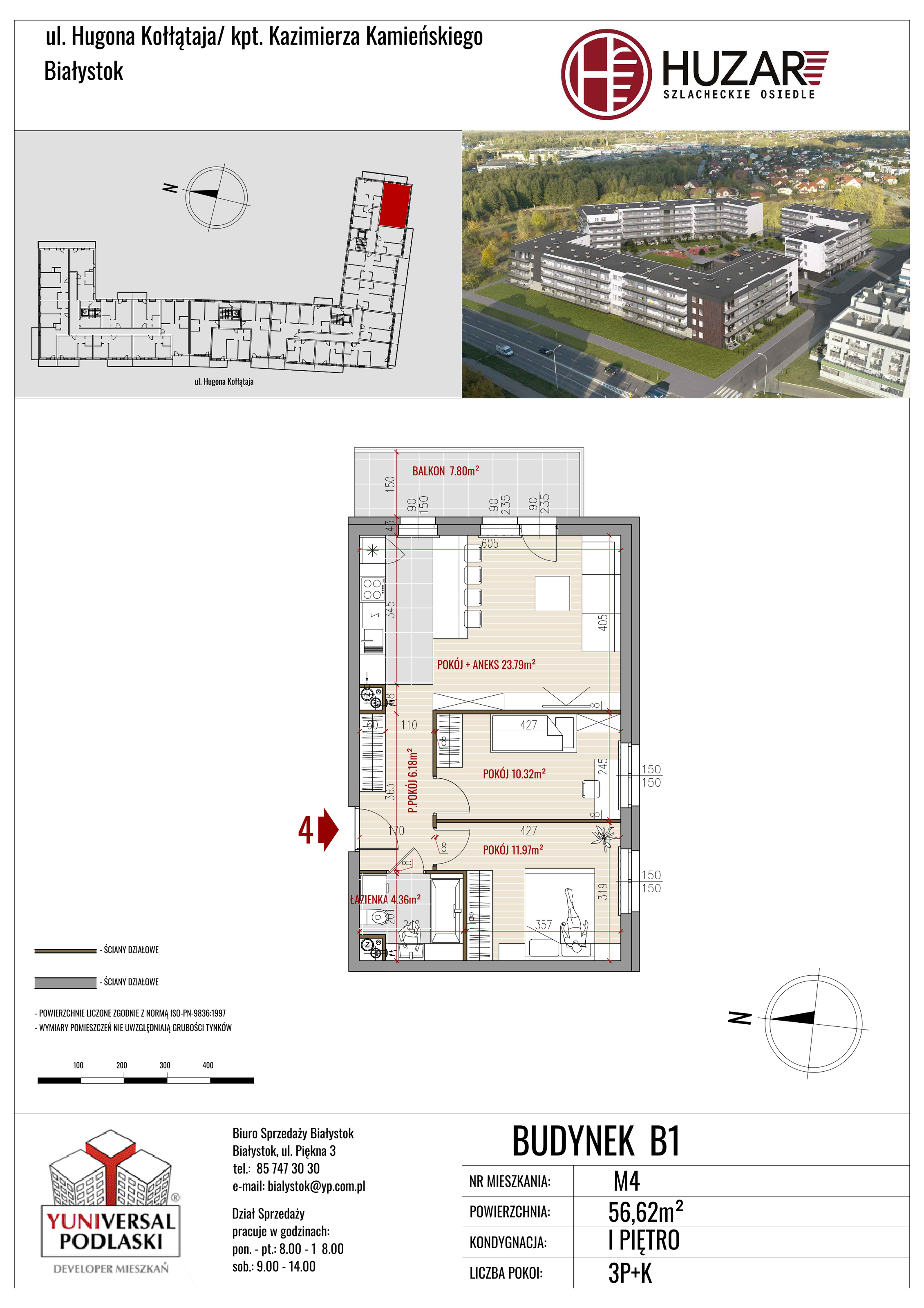 Mieszkanie 56,62 m², piętro 1, oferta nr B1/4, Huzar, Białystok, Bacieczki, ul. Hugona Kołłątaja / kpt. Kazimierza Kamieńskiego-idx