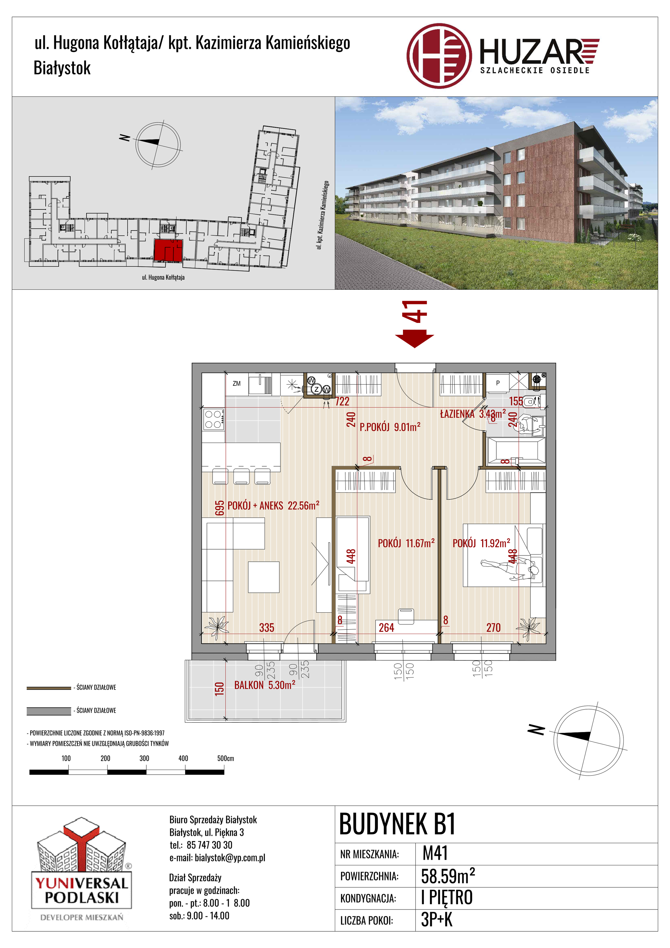 Mieszkanie 58,59 m², piętro 1, oferta nr B1/41, Huzar, Białystok, Bacieczki, ul. Hugona Kołłątaja / kpt. Kazimierza Kamieńskiego-idx