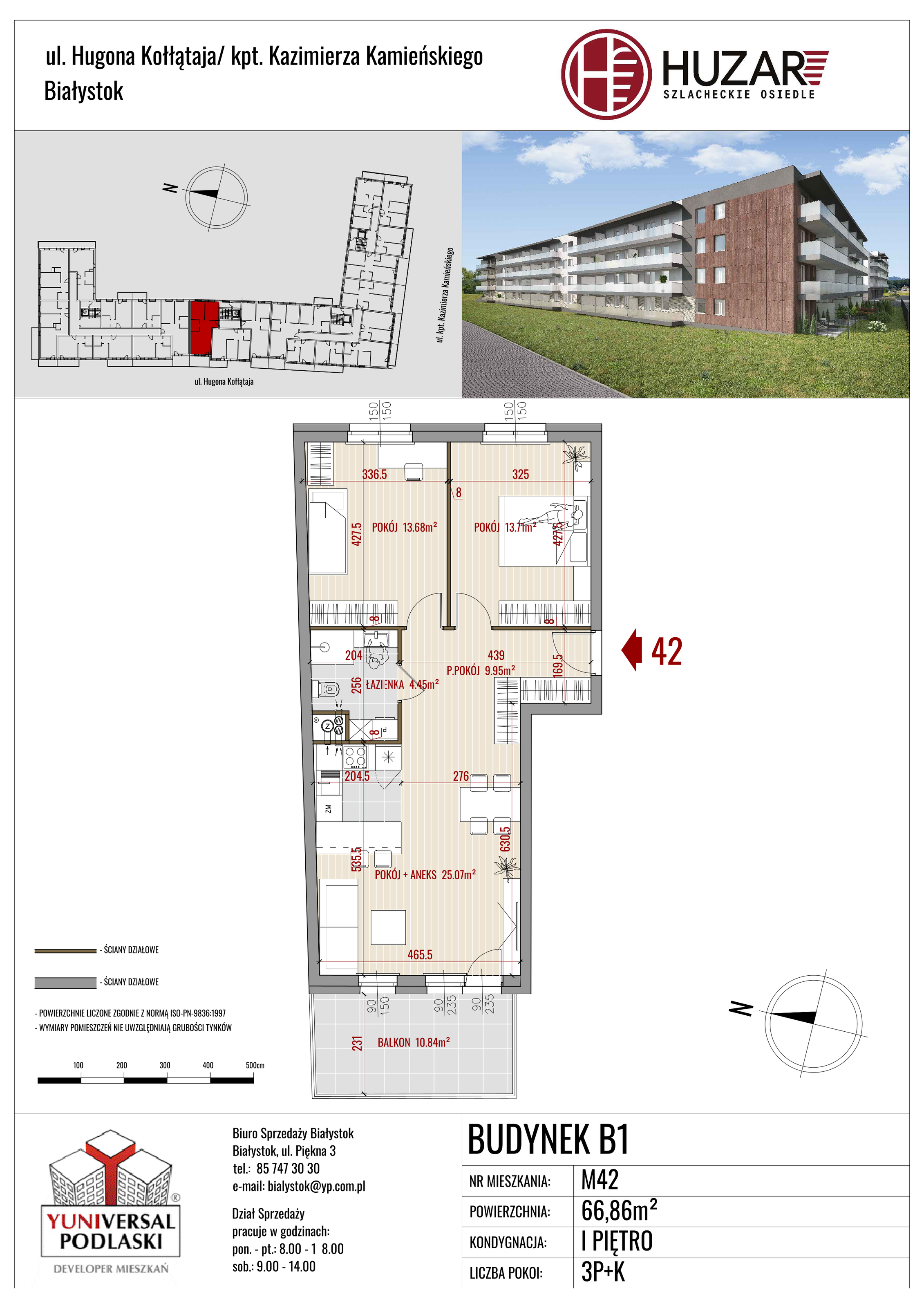 Mieszkanie 66,86 m², piętro 1, oferta nr B1/42, Huzar, Białystok, Bacieczki, ul. Hugona Kołłątaja / kpt. Kazimierza Kamieńskiego-idx