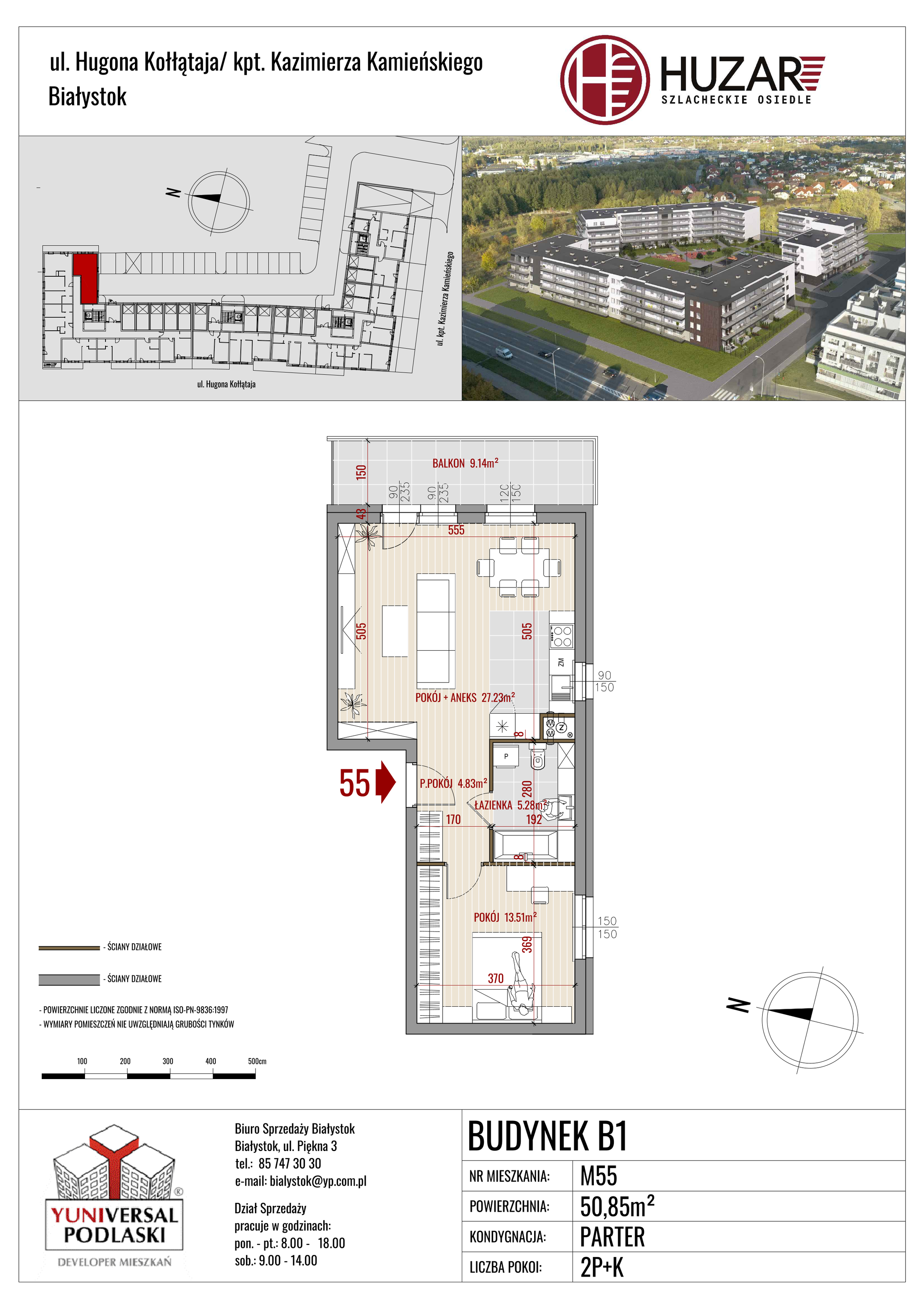 Mieszkanie 50,85 m², parter, oferta nr B1/55, Huzar, Białystok, Bacieczki, ul. Hugona Kołłątaja / kpt. Kazimierza Kamieńskiego-idx