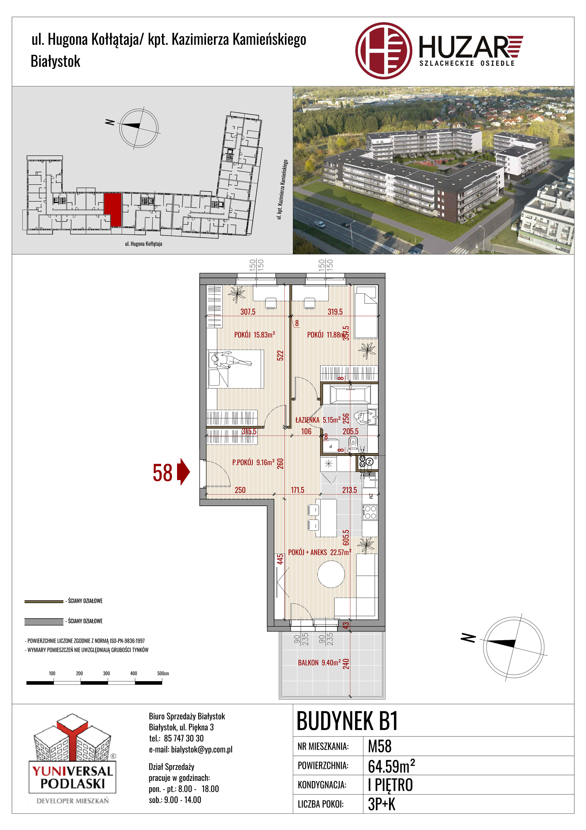 Mieszkanie 64,59 m², piętro 1, oferta nr B1/58, Huzar, Białystok, Bacieczki, ul. Hugona Kołłątaja / kpt. Kazimierza Kamieńskiego-idx