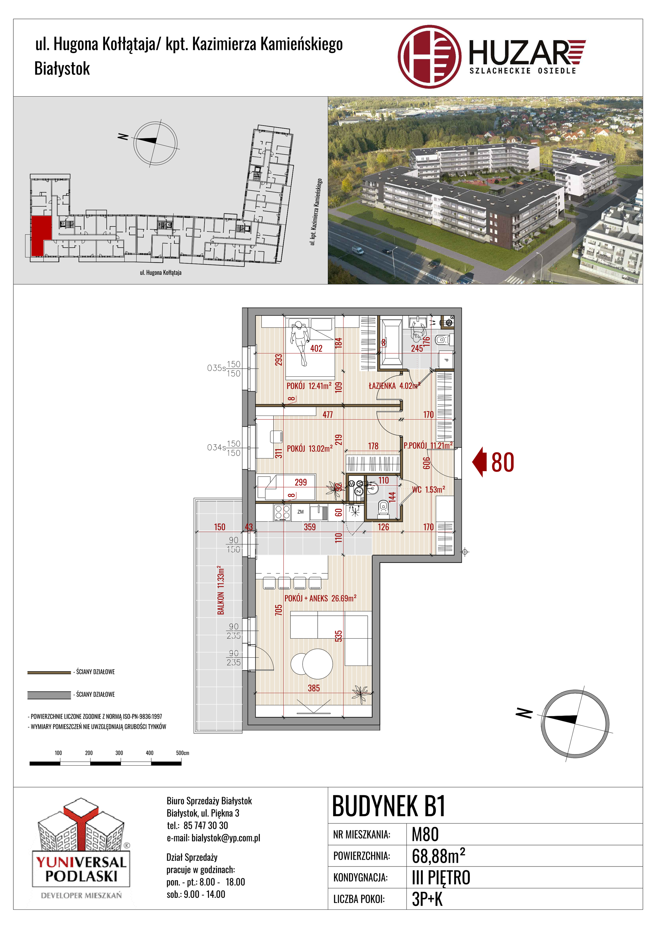 Mieszkanie 68,88 m², piętro 3, oferta nr B1/80, Huzar, Białystok, Bacieczki, ul. Hugona Kołłątaja / kpt. Kazimierza Kamieńskiego-idx