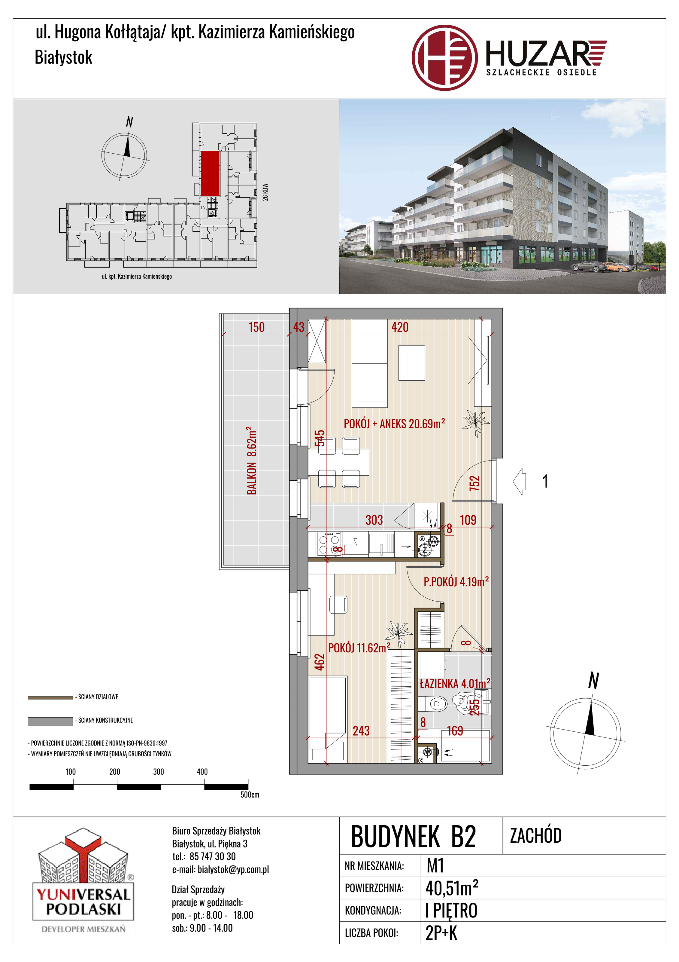 Mieszkanie 40,51 m², piętro 1, oferta nr B2/1, Huzar, Białystok, Bacieczki, ul. Hugona Kołłątaja / kpt. Kazimierza Kamieńskiego-idx