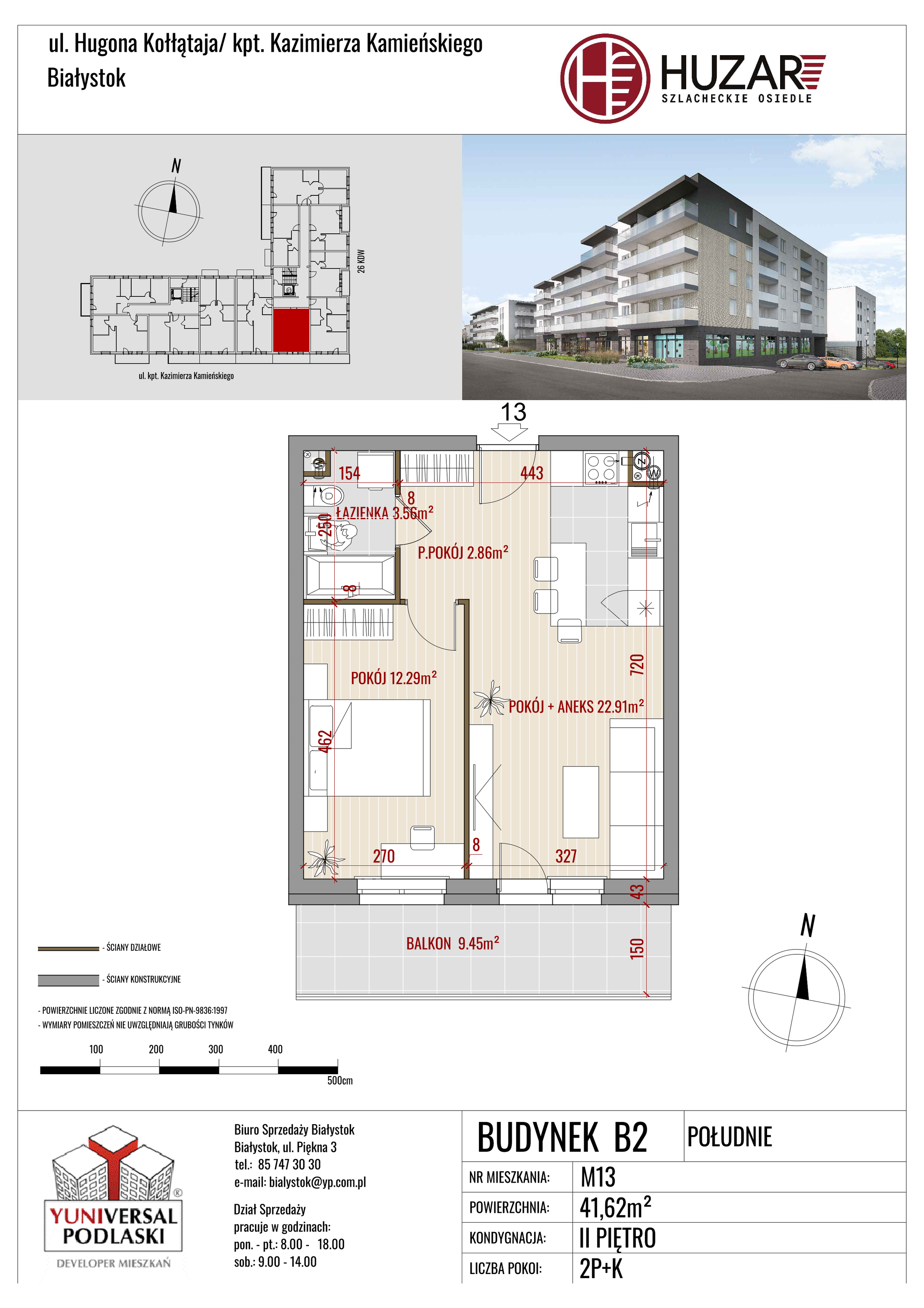 Mieszkanie 41,62 m², piętro 2, oferta nr B2/13, Huzar, Białystok, Bacieczki, ul. Hugona Kołłątaja / kpt. Kazimierza Kamieńskiego-idx