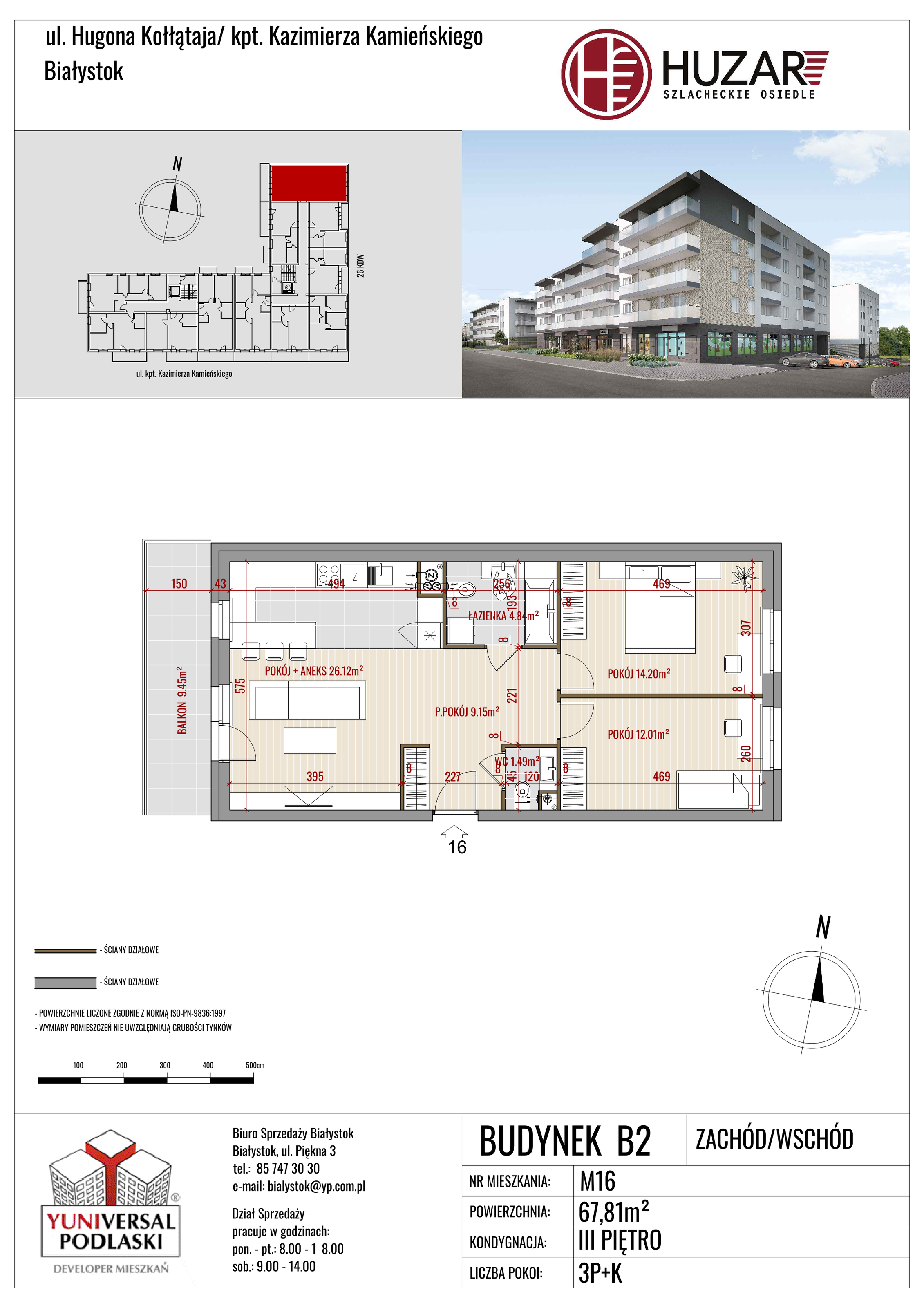 Mieszkanie 67,81 m², piętro 3, oferta nr B2/16, Huzar, Białystok, Bacieczki, ul. Hugona Kołłątaja / kpt. Kazimierza Kamieńskiego-idx