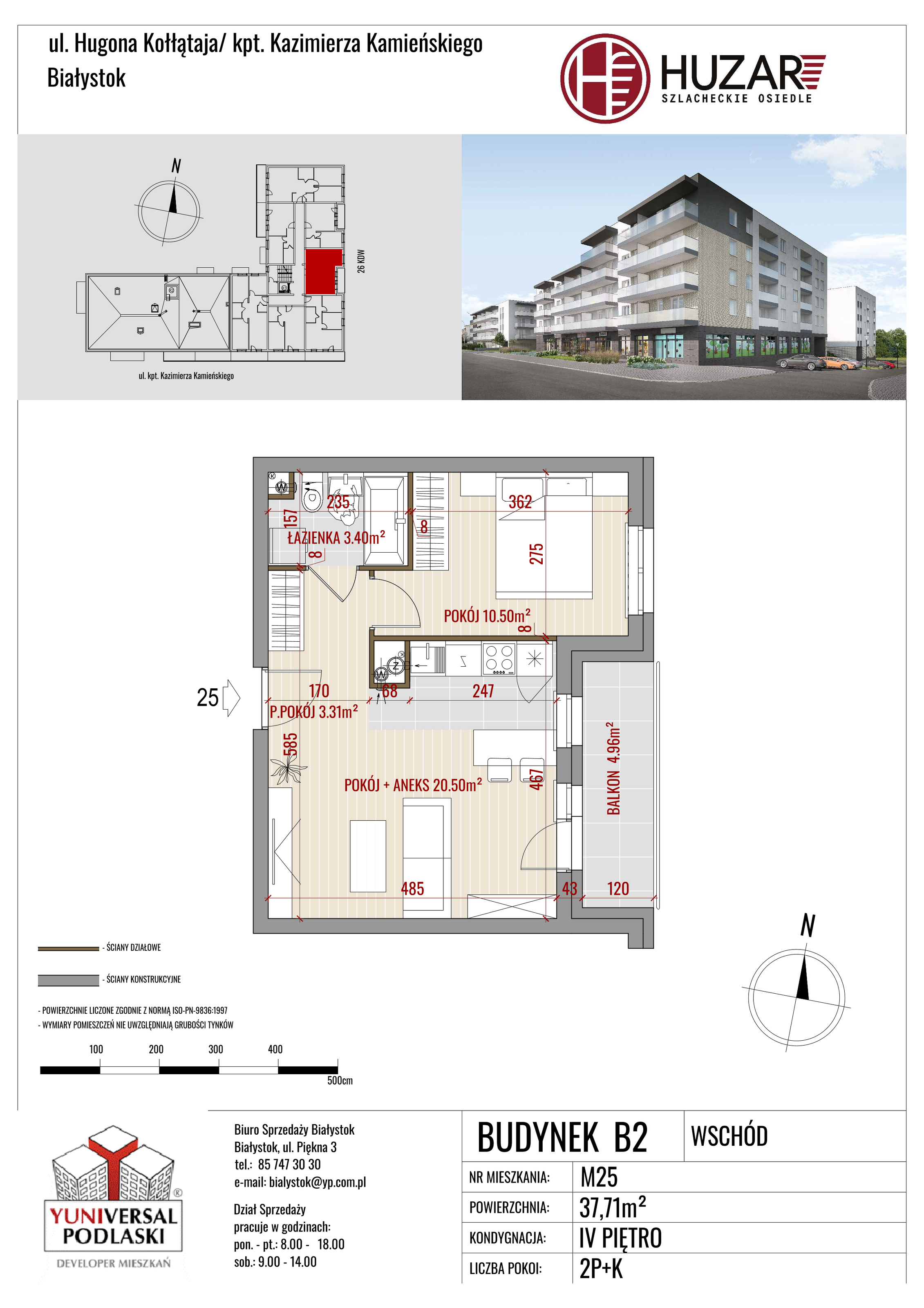 Mieszkanie 37,71 m², piętro 4, oferta nr B2/25, Huzar, Białystok, Bacieczki, ul. Hugona Kołłątaja / kpt. Kazimierza Kamieńskiego-idx