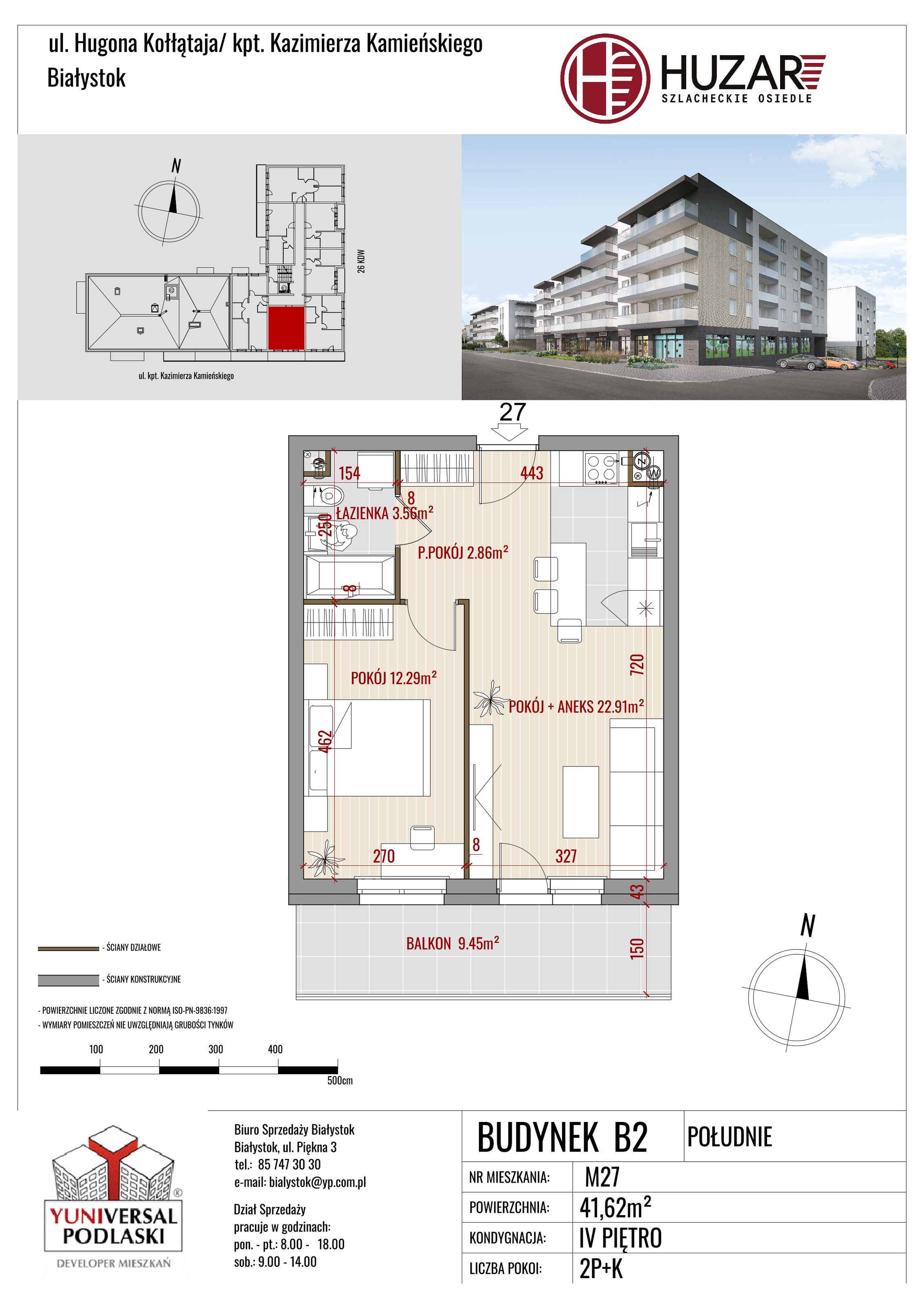 Mieszkanie 41,62 m², piętro 4, oferta nr B2/27, Huzar, Białystok, Bacieczki, ul. Hugona Kołłątaja / kpt. Kazimierza Kamieńskiego-idx