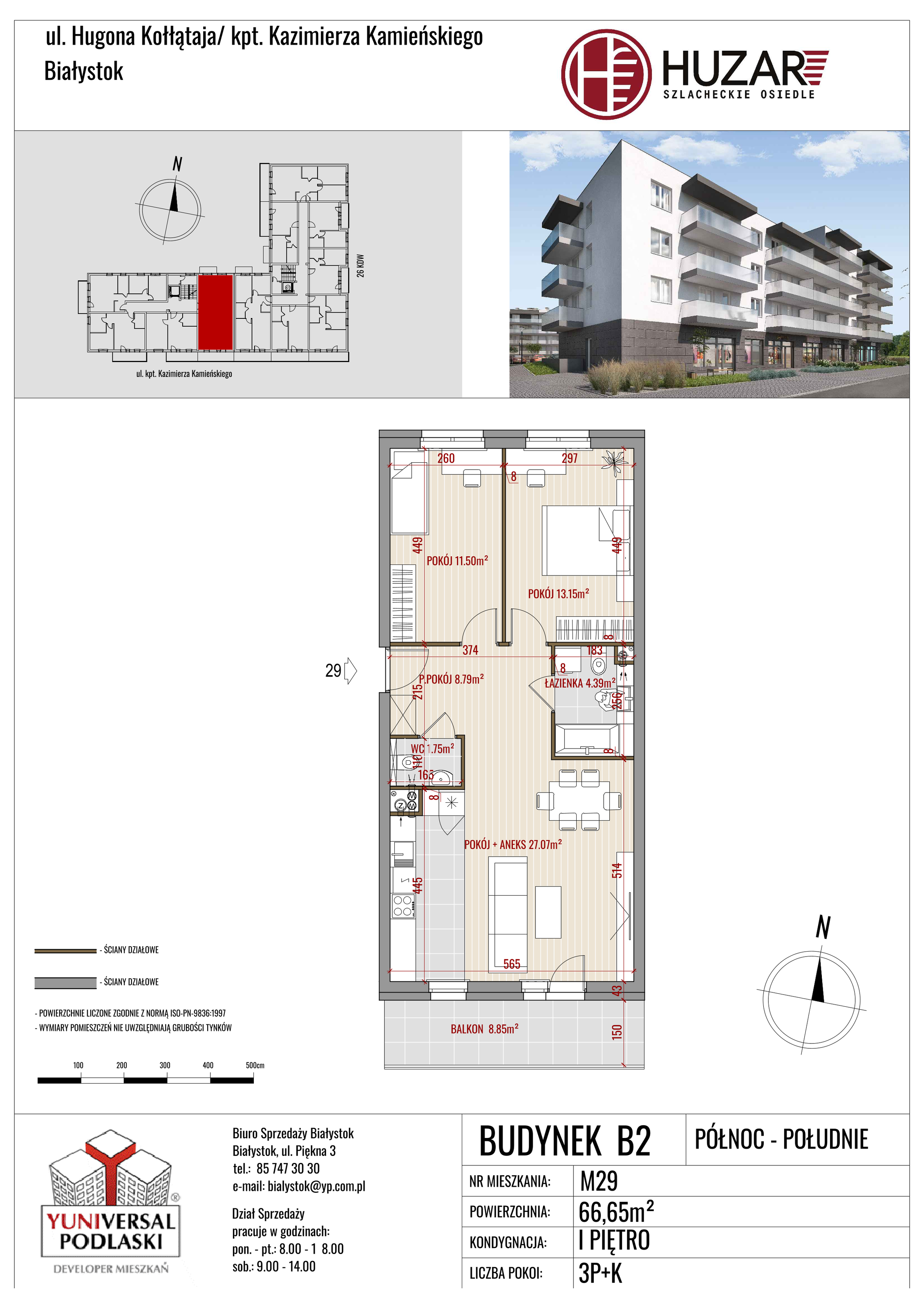 Mieszkanie 66,65 m², piętro 1, oferta nr B2/29, Huzar, Białystok, Bacieczki, ul. Hugona Kołłątaja / kpt. Kazimierza Kamieńskiego-idx