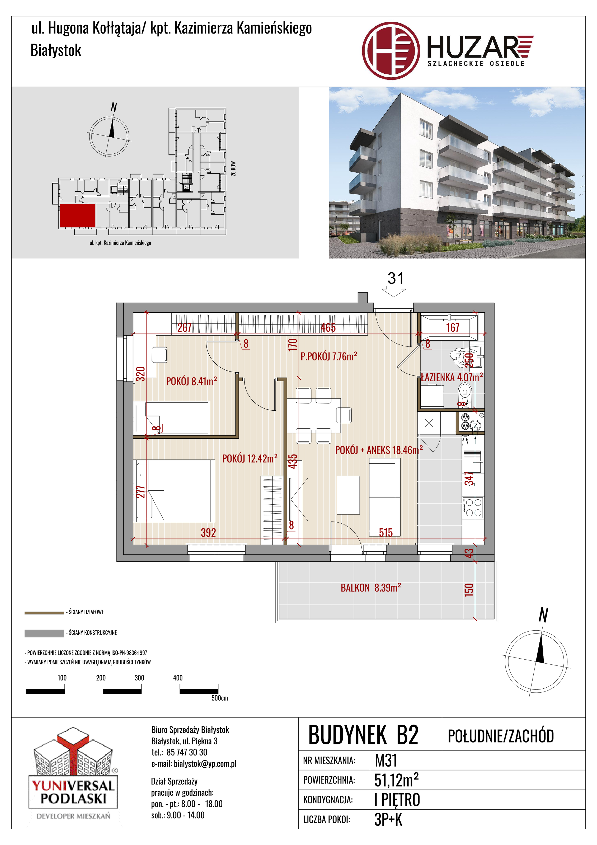 Mieszkanie 51,12 m², piętro 1, oferta nr B2/31, Huzar, Białystok, Bacieczki, ul. Hugona Kołłątaja / kpt. Kazimierza Kamieńskiego-idx