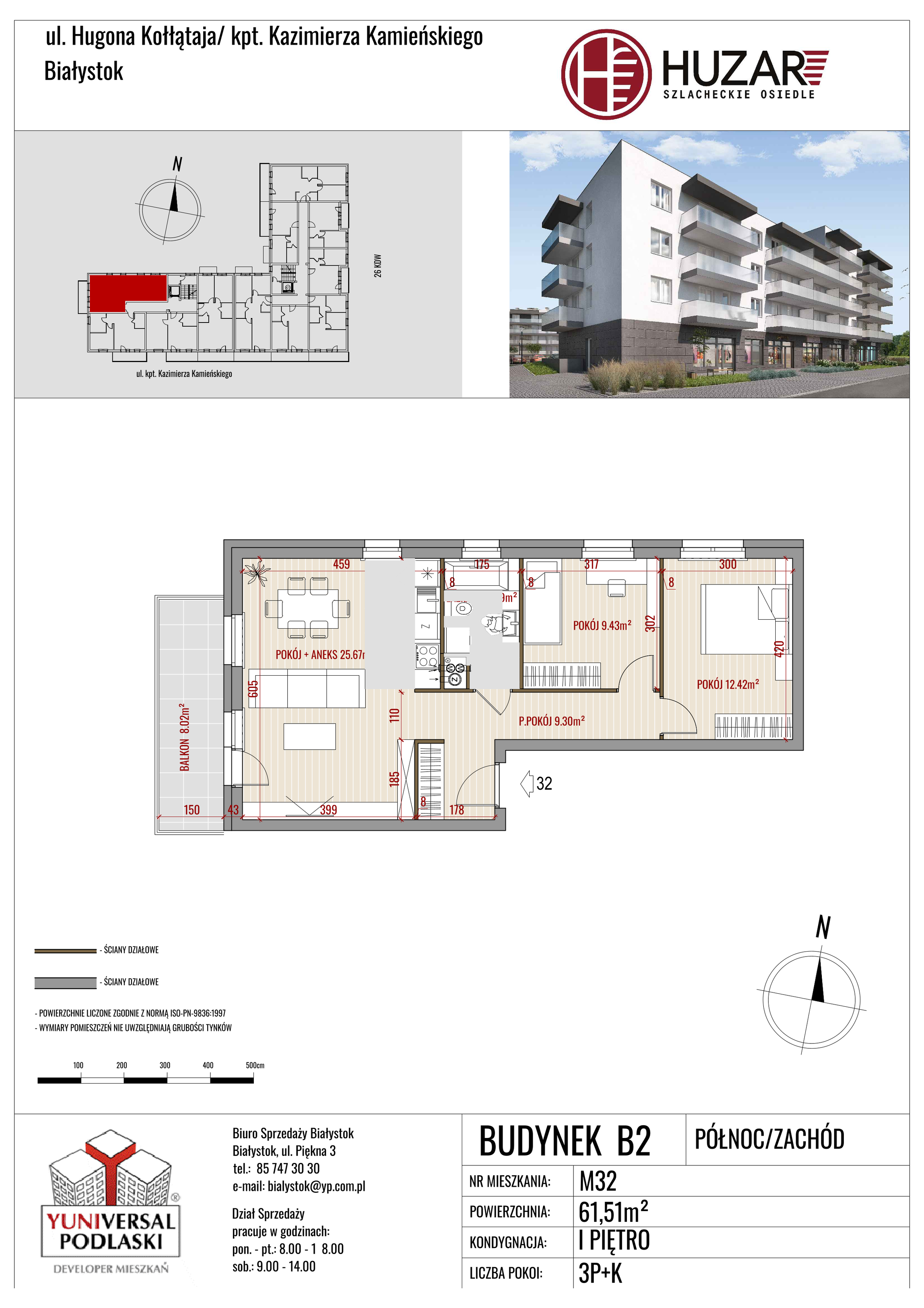 Mieszkanie 61,51 m², piętro 1, oferta nr B2/32, Huzar, Białystok, Bacieczki, ul. Hugona Kołłątaja / kpt. Kazimierza Kamieńskiego-idx