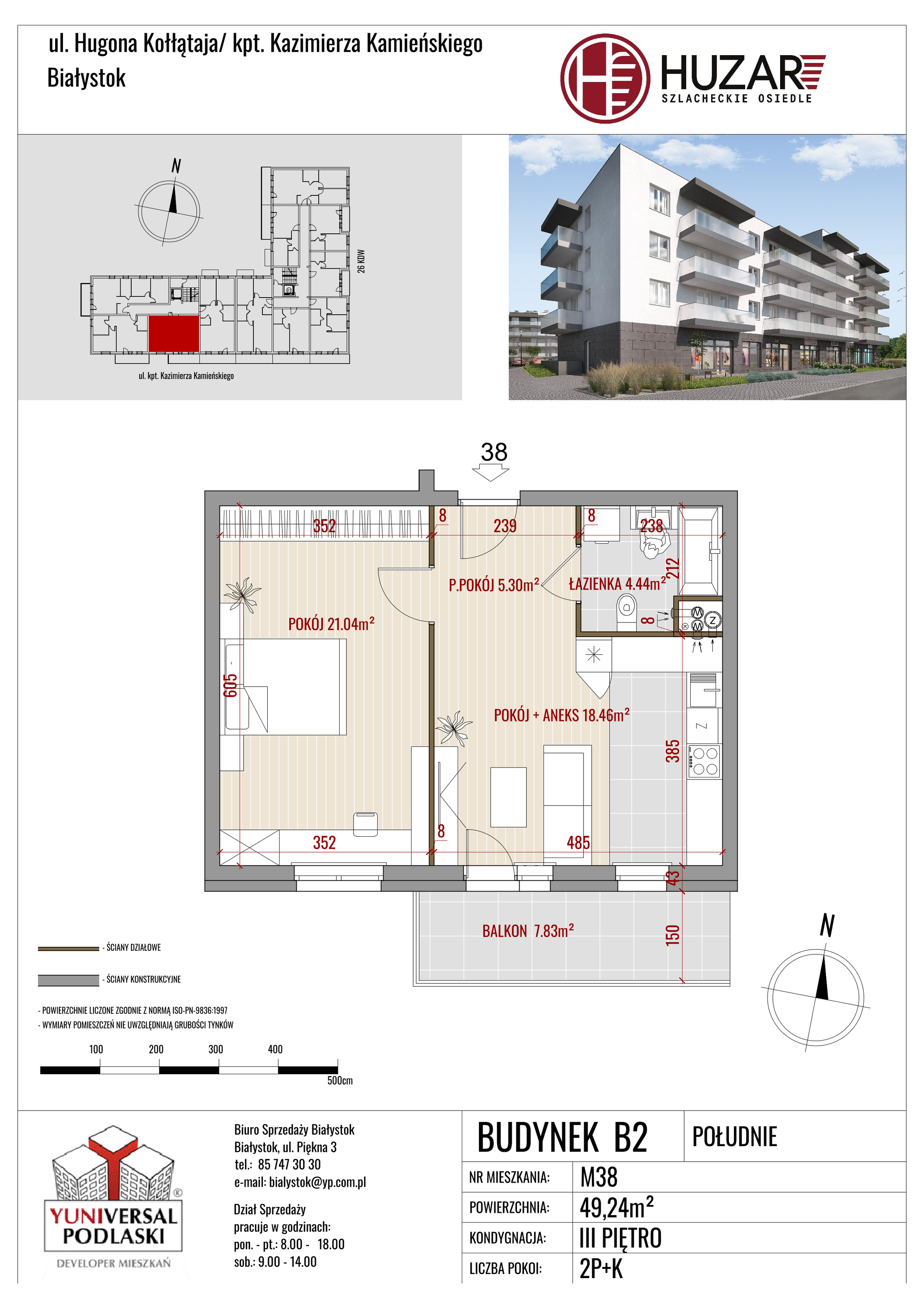 Mieszkanie 49,24 m², piętro 3, oferta nr B2/38, Huzar, Białystok, Bacieczki, ul. Hugona Kołłątaja / kpt. Kazimierza Kamieńskiego-idx