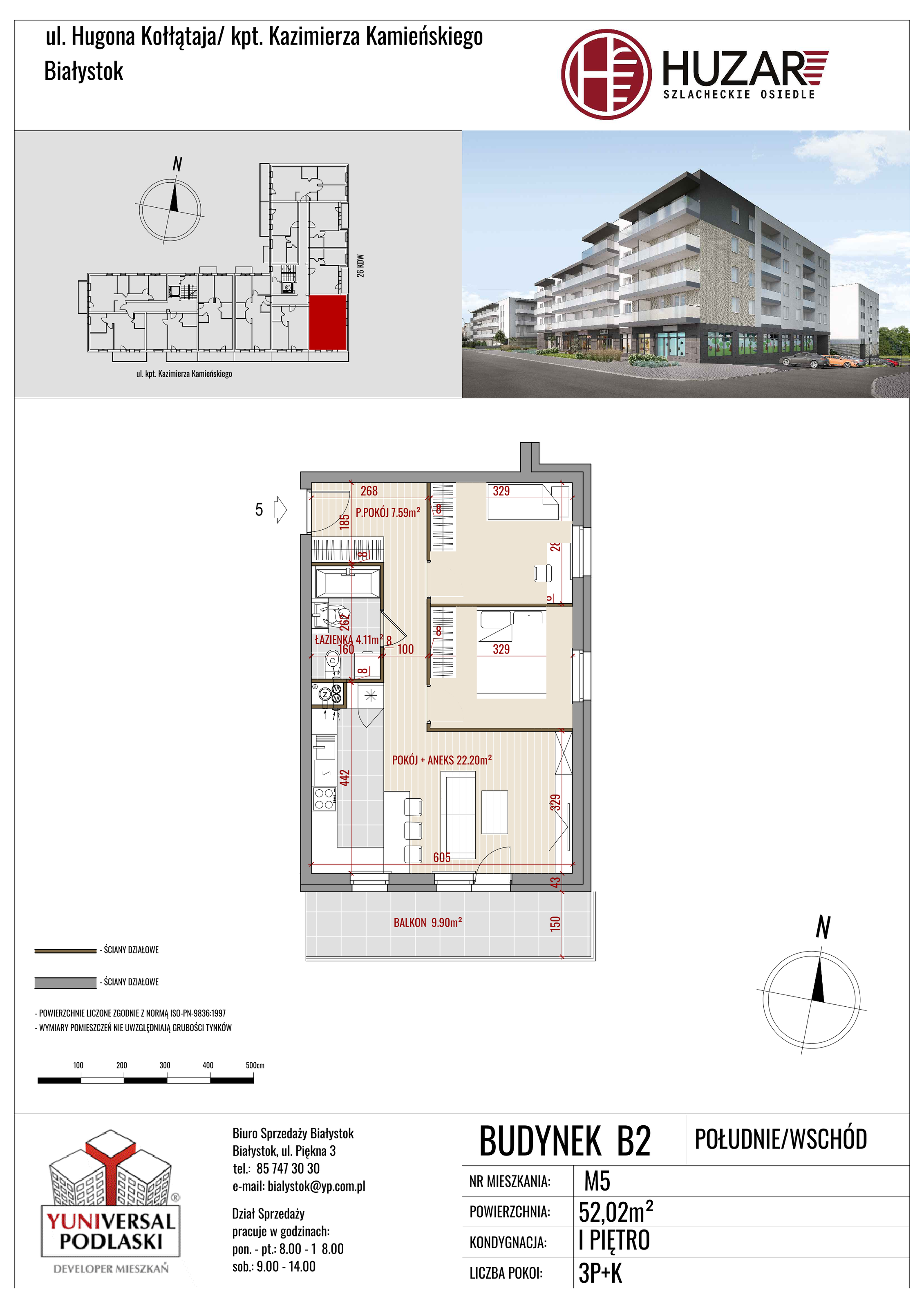 Mieszkanie 52,02 m², piętro 1, oferta nr B2/5, Huzar, Białystok, Bacieczki, ul. Hugona Kołłątaja / kpt. Kazimierza Kamieńskiego-idx