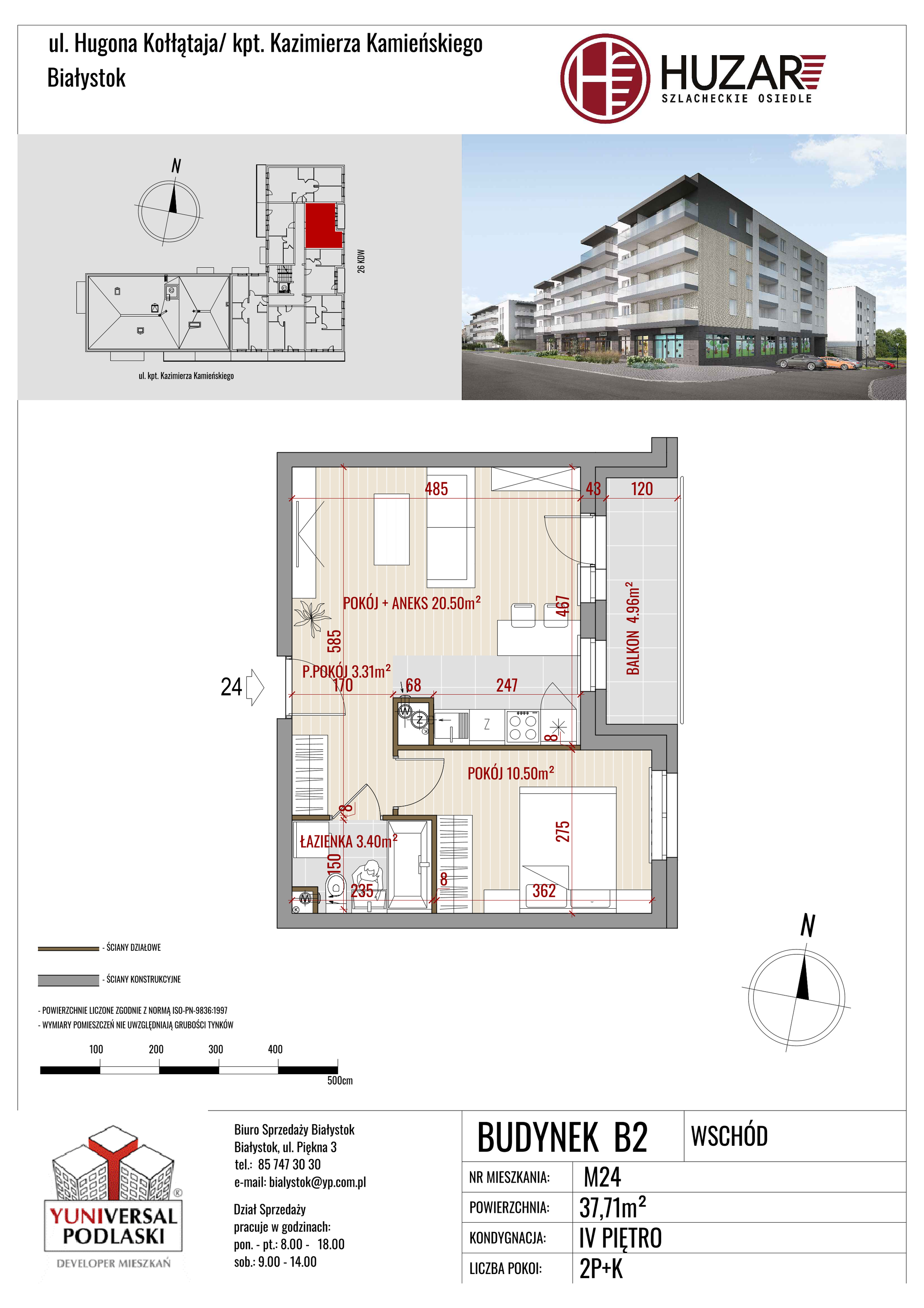 Mieszkanie 37,71 m², piętro 4, oferta nr B2/24, Huzar, Białystok, Bacieczki, ul. Hugona Kołłątaja / kpt. Kazimierza Kamieńskiego-idx