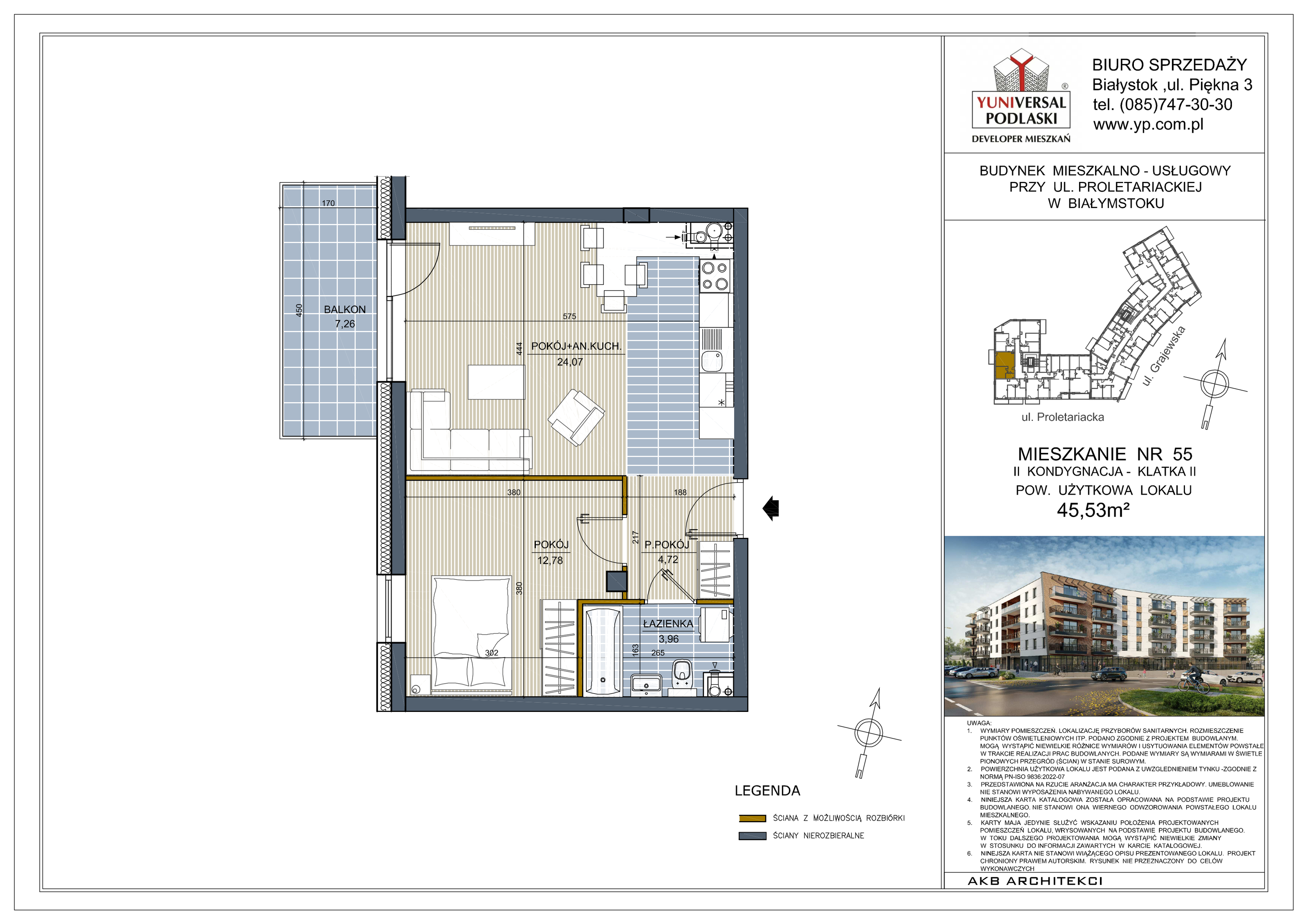 Mieszkanie 45,53 m², piętro 1, oferta nr 55, Perła Śródmieścia, Białystok, Centrum, ul. Proletariacka-idx