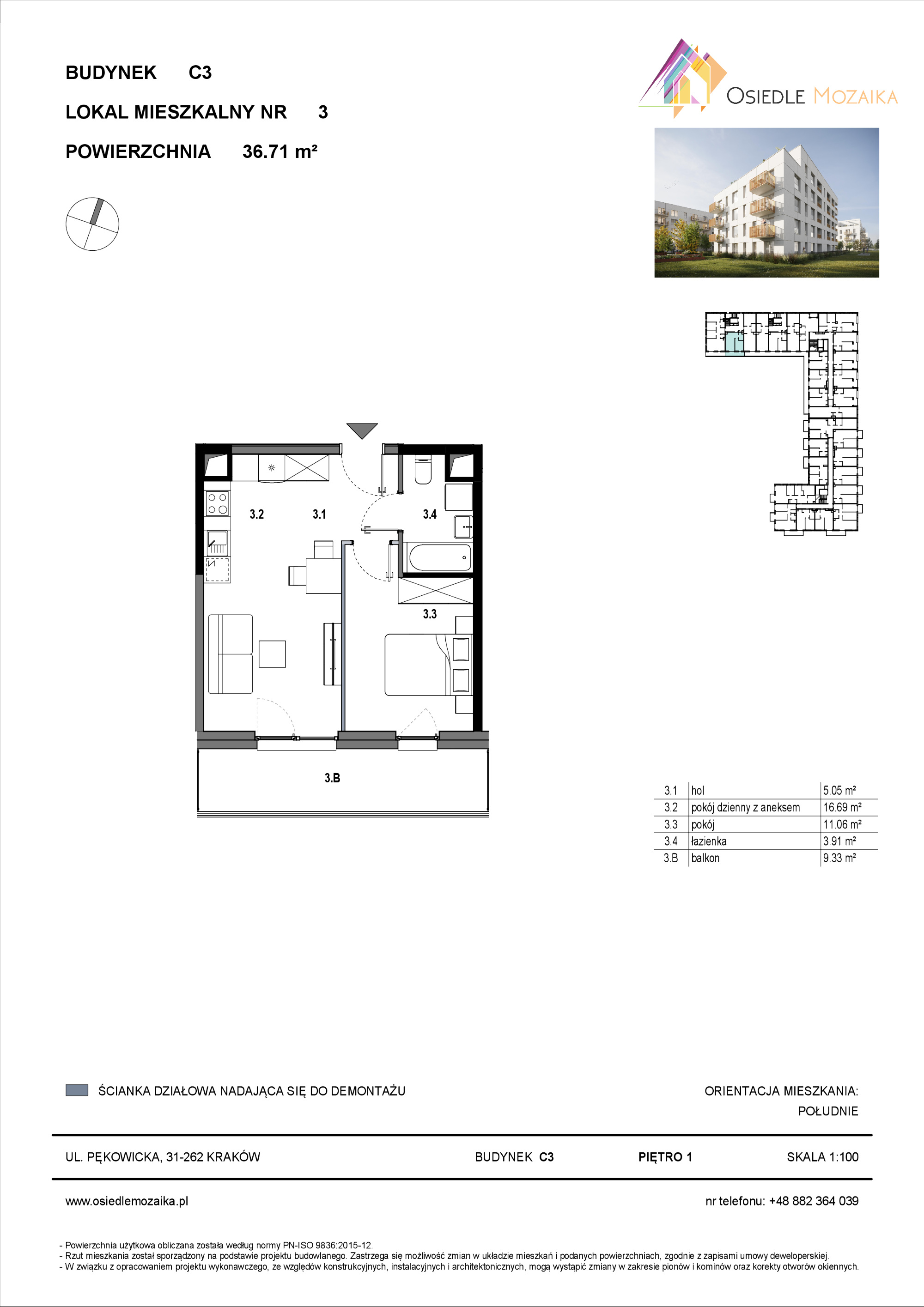 Mieszkanie 36,71 m², piętro 1, oferta nr C3-003, Osiedle Mozaika, Kraków, Prądnik Biały, ul. Pękowicka-idx