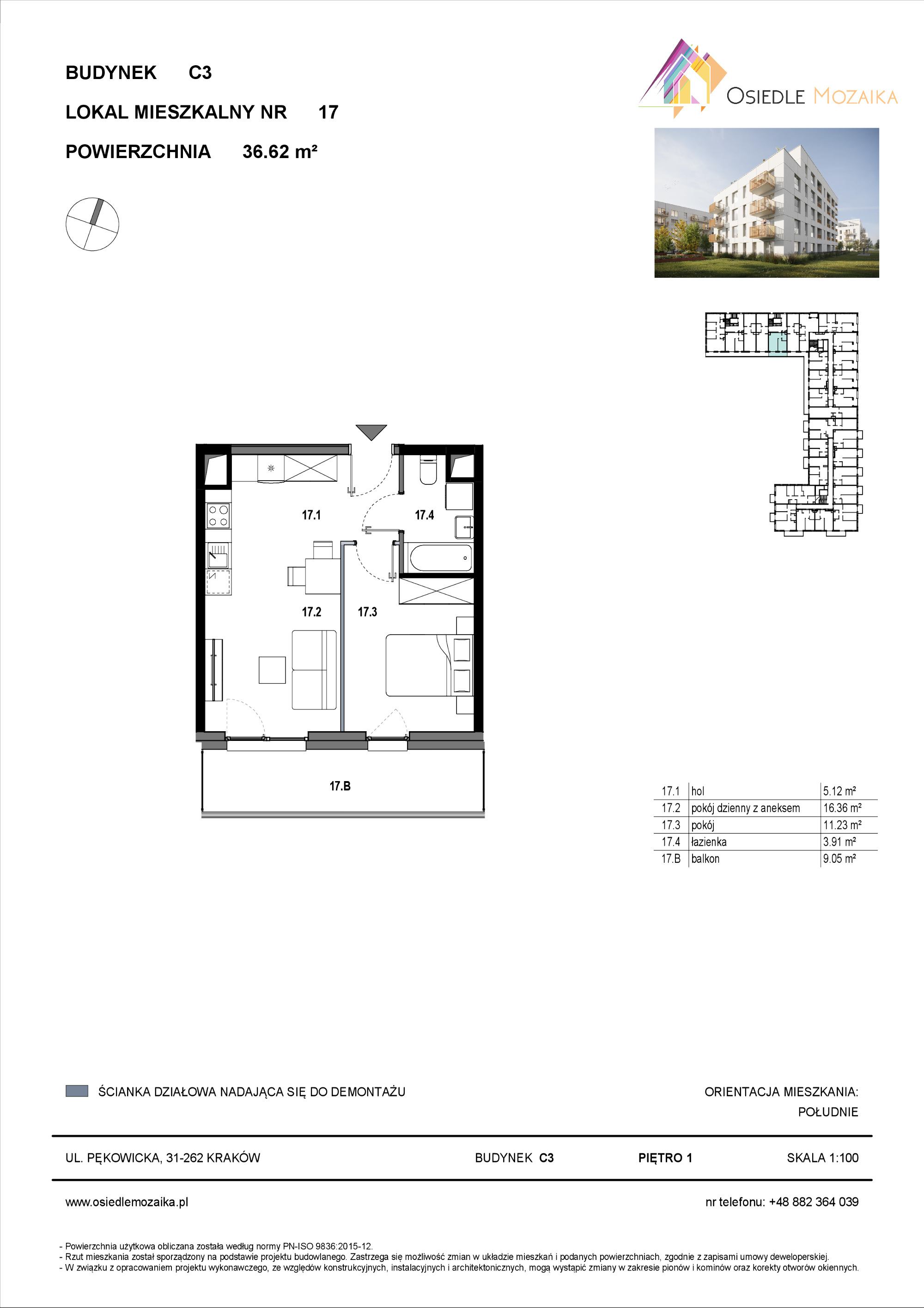 Mieszkanie 36,62 m², piętro 1, oferta nr C3-017, Osiedle Mozaika, Kraków, Prądnik Biały, ul. Pękowicka-idx