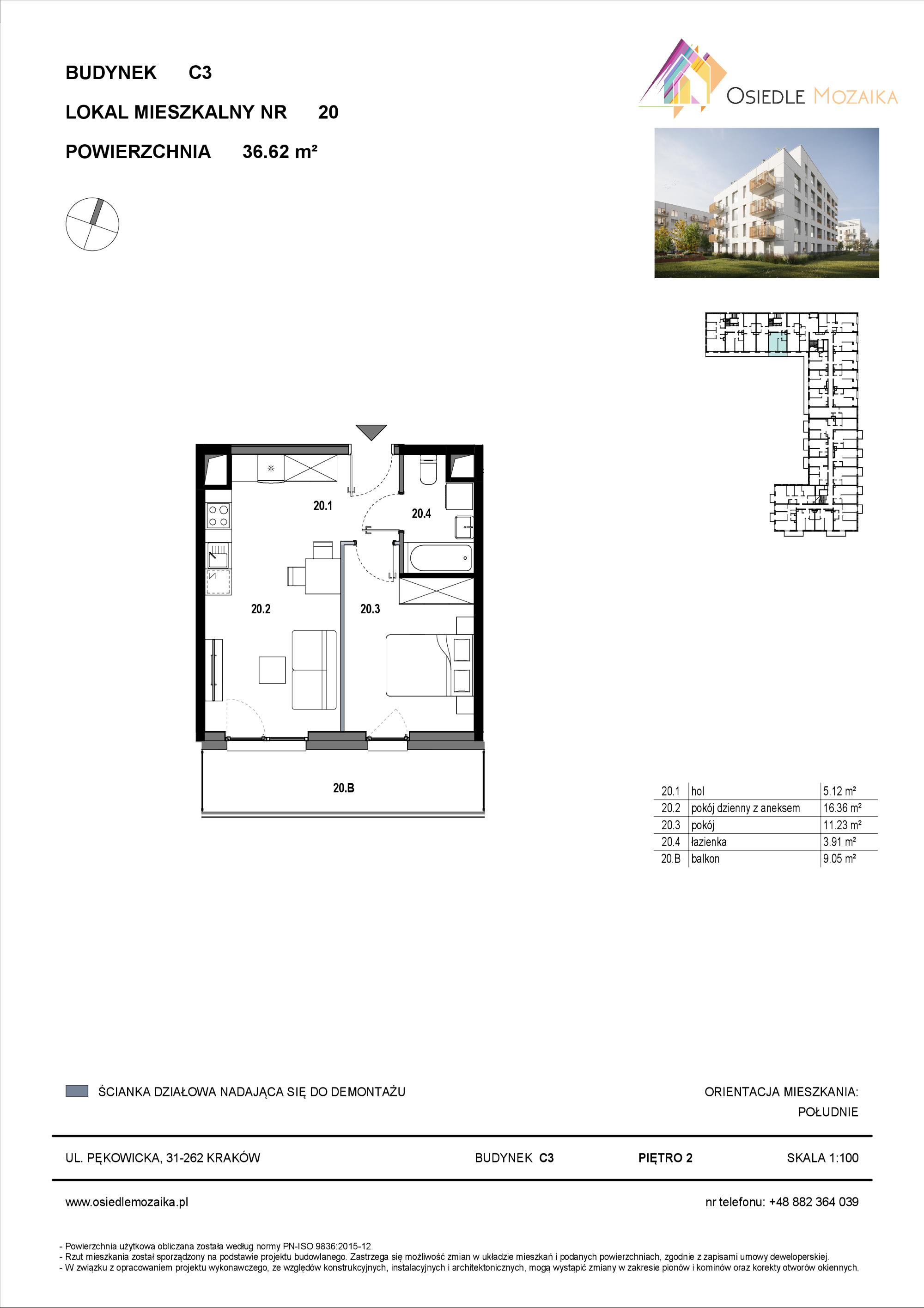 Mieszkanie 36,62 m², piętro 2, oferta nr C3-020, Osiedle Mozaika, Kraków, Prądnik Biały, ul. Pękowicka-idx