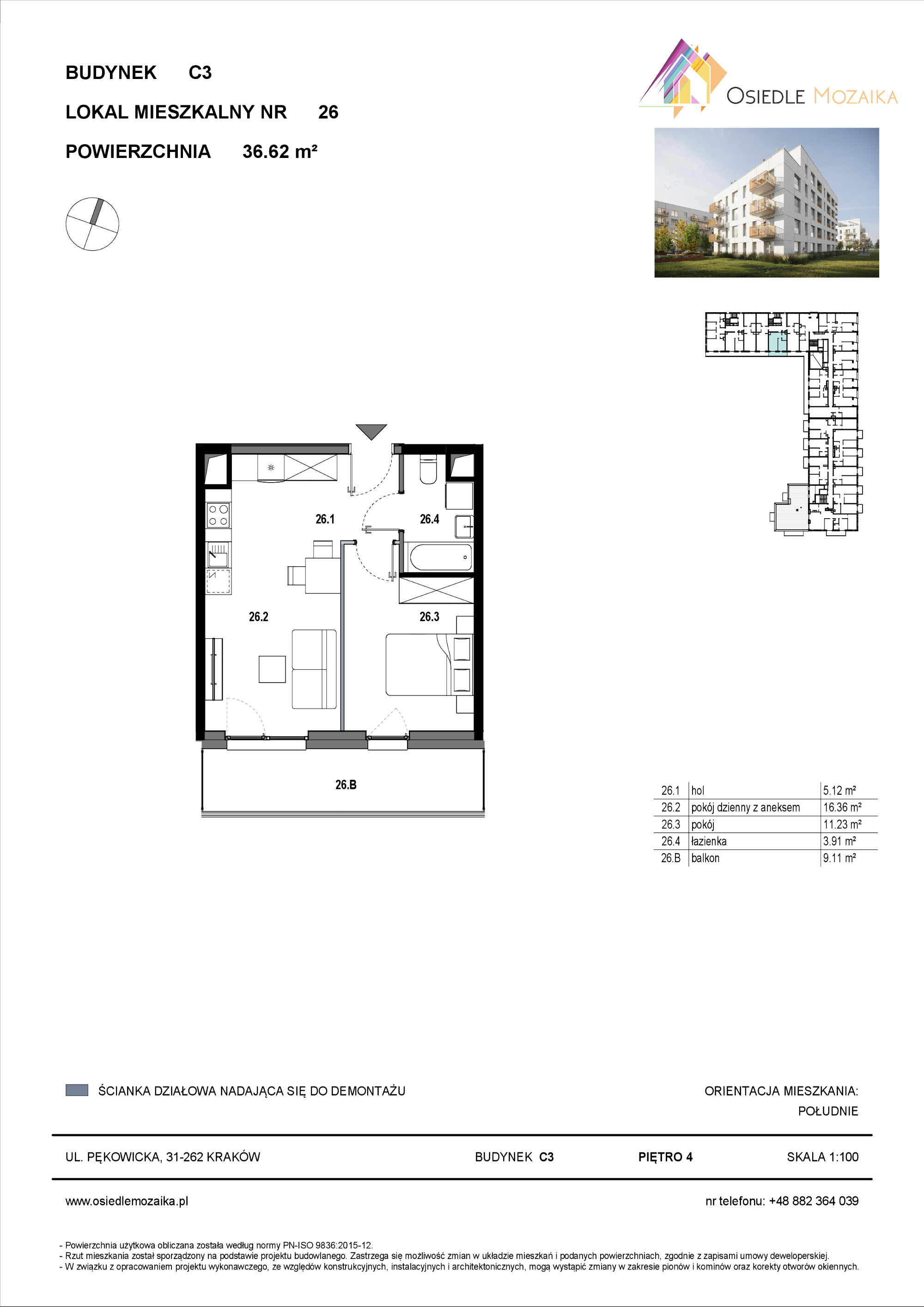 Mieszkanie 36,62 m², piętro 4, oferta nr C3-026, Osiedle Mozaika, Kraków, Prądnik Biały, ul. Pękowicka-idx