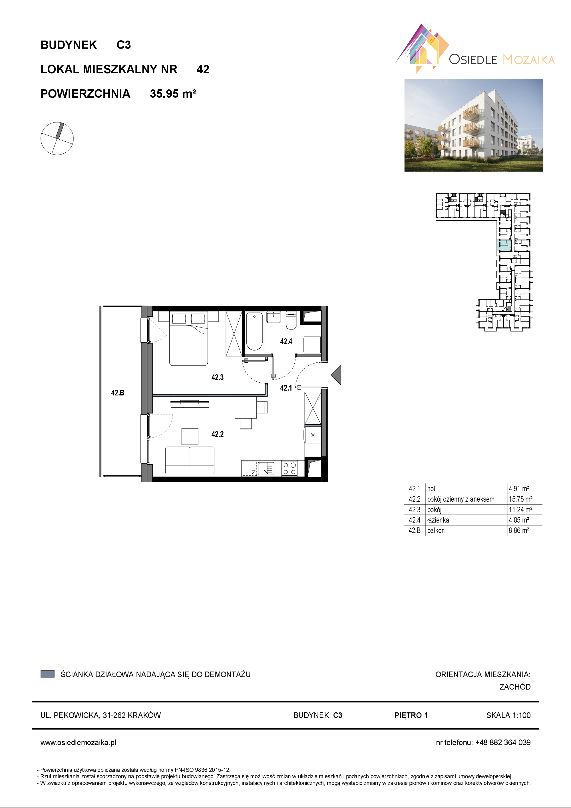 Mieszkanie 35,95 m², piętro 1, oferta nr C3-042, Osiedle Mozaika, Kraków, Prądnik Biały, ul. Pękowicka-idx