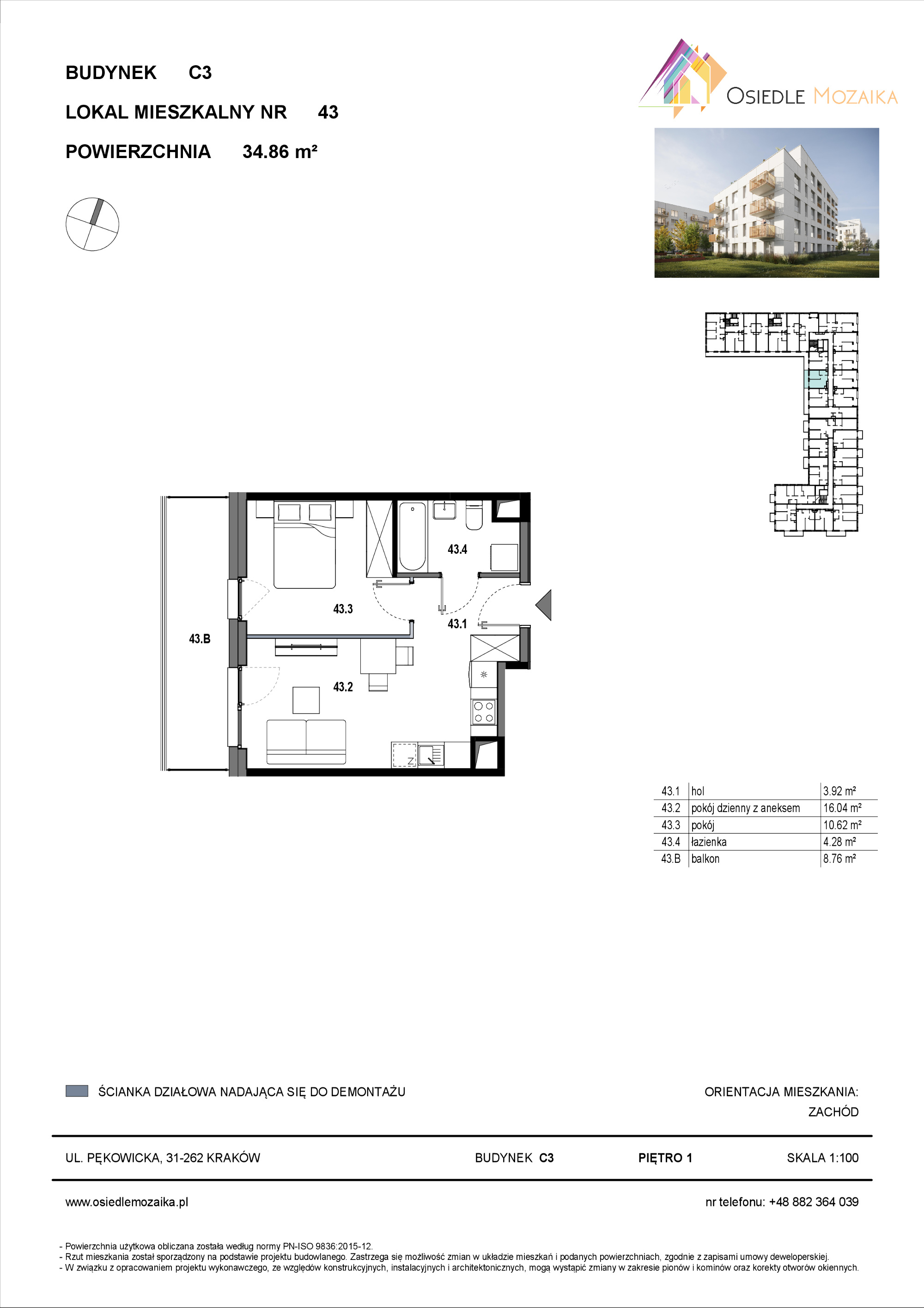 Mieszkanie 34,86 m², piętro 1, oferta nr C3-043, Osiedle Mozaika, Kraków, Prądnik Biały, ul. Pękowicka-idx