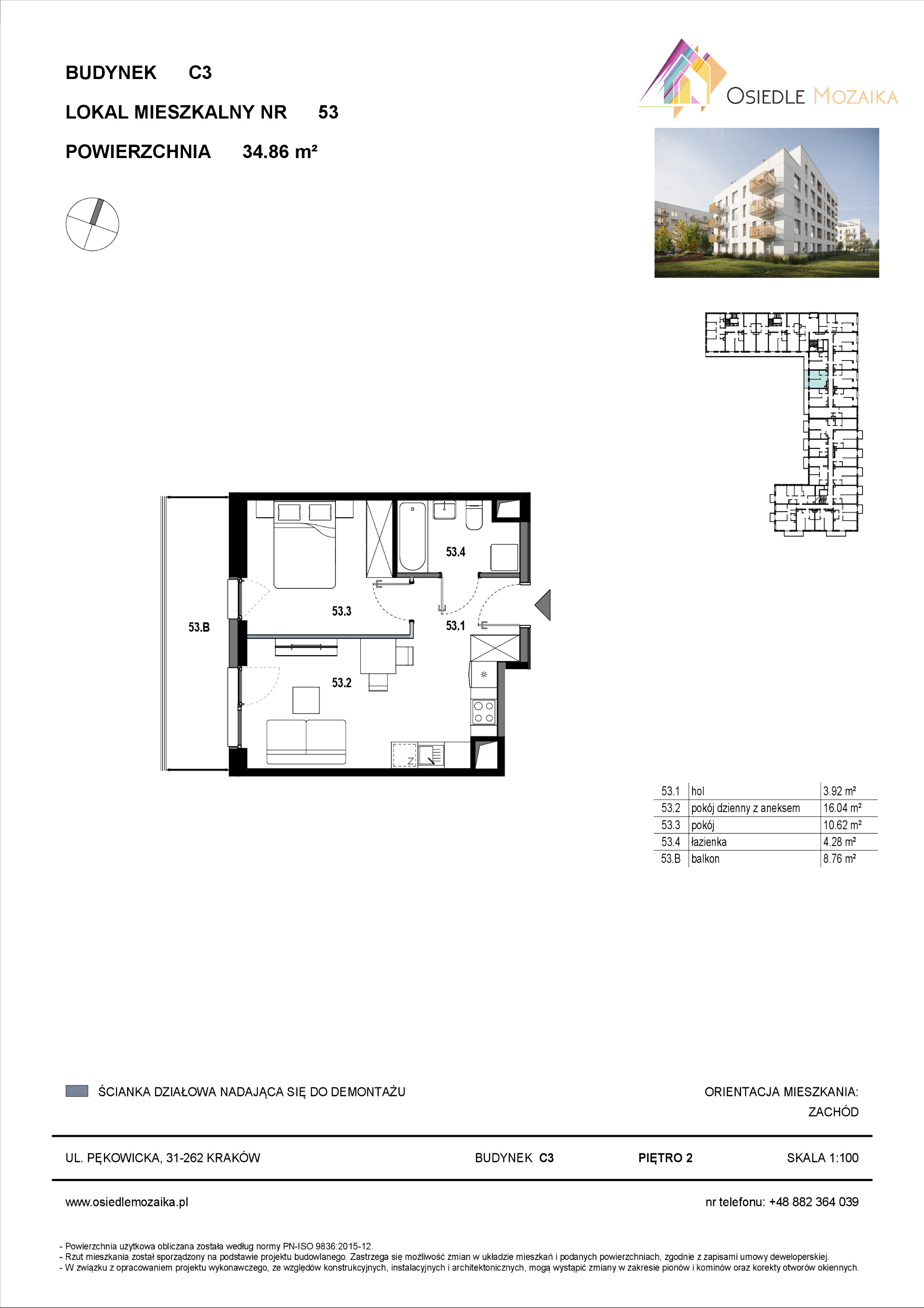 Mieszkanie 34,86 m², piętro 2, oferta nr C3-053, Osiedle Mozaika, Kraków, Prądnik Biały, ul. Pękowicka-idx