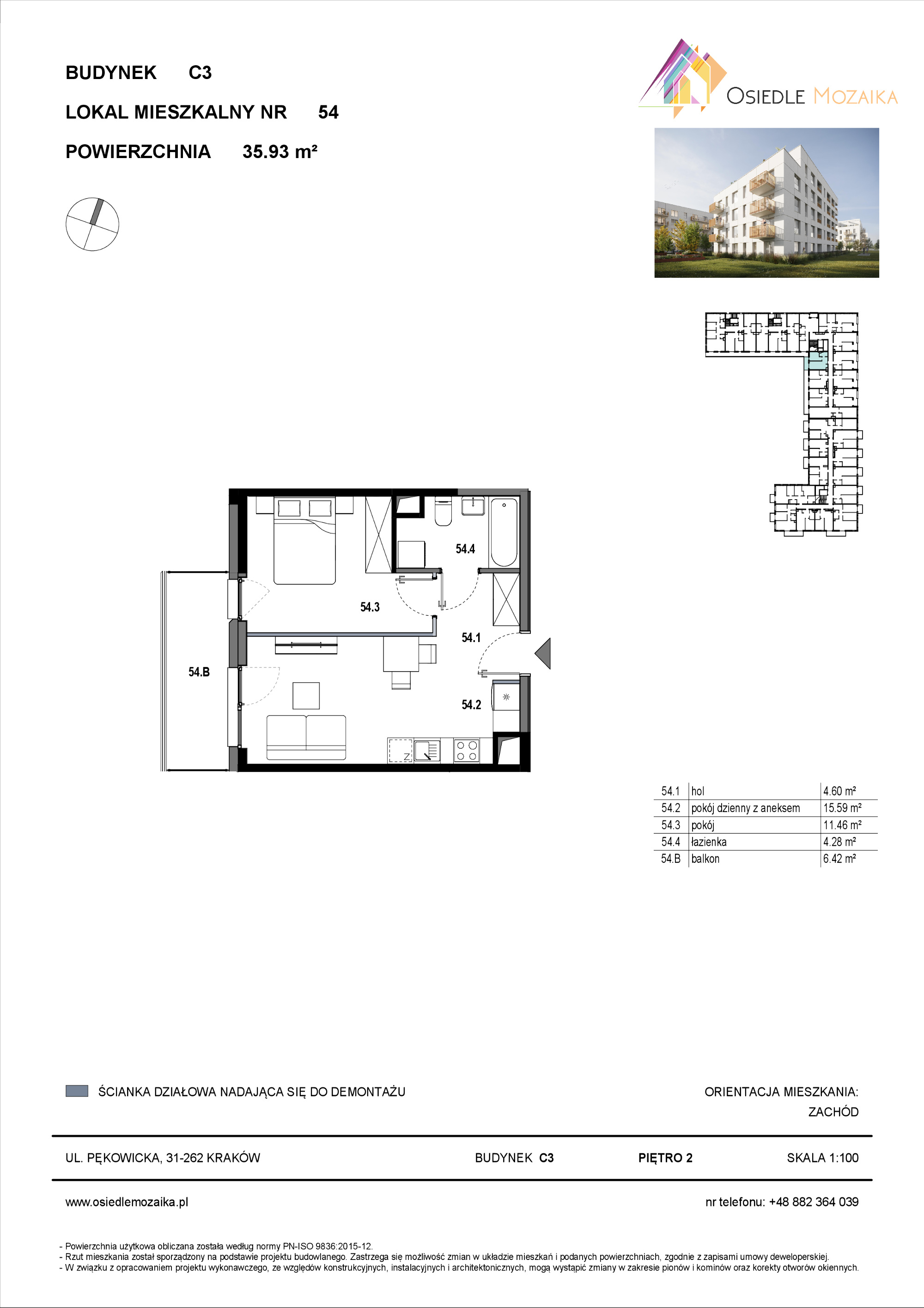 Mieszkanie 35,93 m², piętro 2, oferta nr C3-054, Osiedle Mozaika, Kraków, Prądnik Biały, ul. Pękowicka-idx