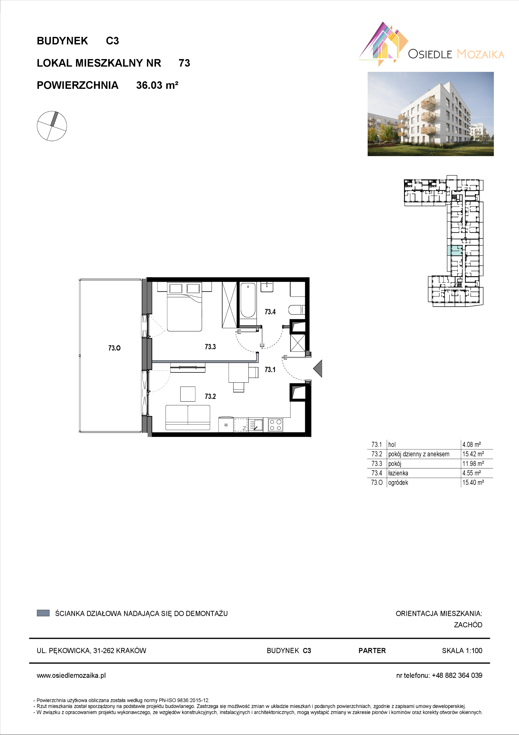 Mieszkanie 36,03 m², parter, oferta nr C3-073, Osiedle Mozaika, Kraków, Prądnik Biały, ul. Pękowicka-idx