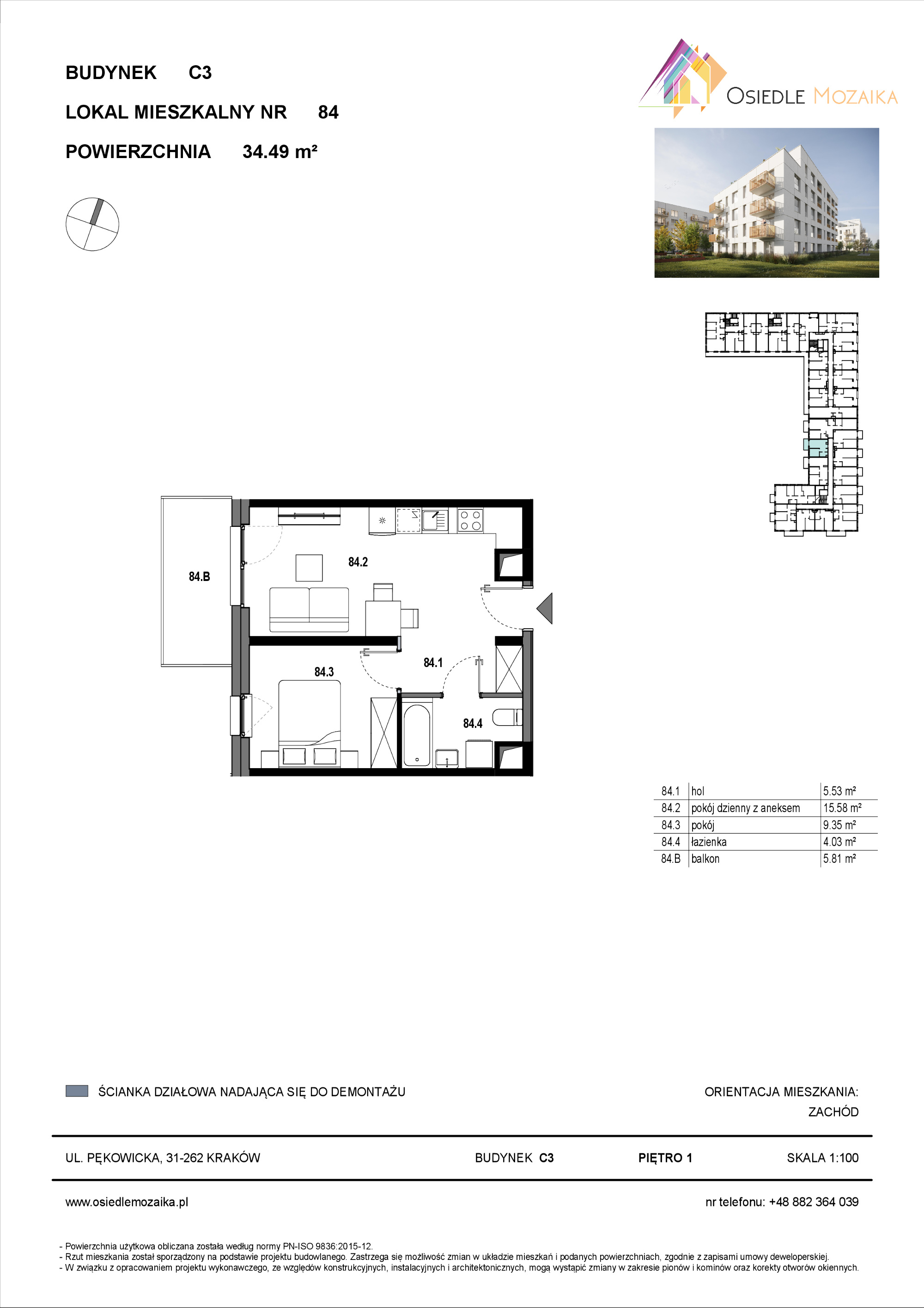 Mieszkanie 34,49 m², piętro 1, oferta nr C3-084, Osiedle Mozaika, Kraków, Prądnik Biały, ul. Pękowicka-idx