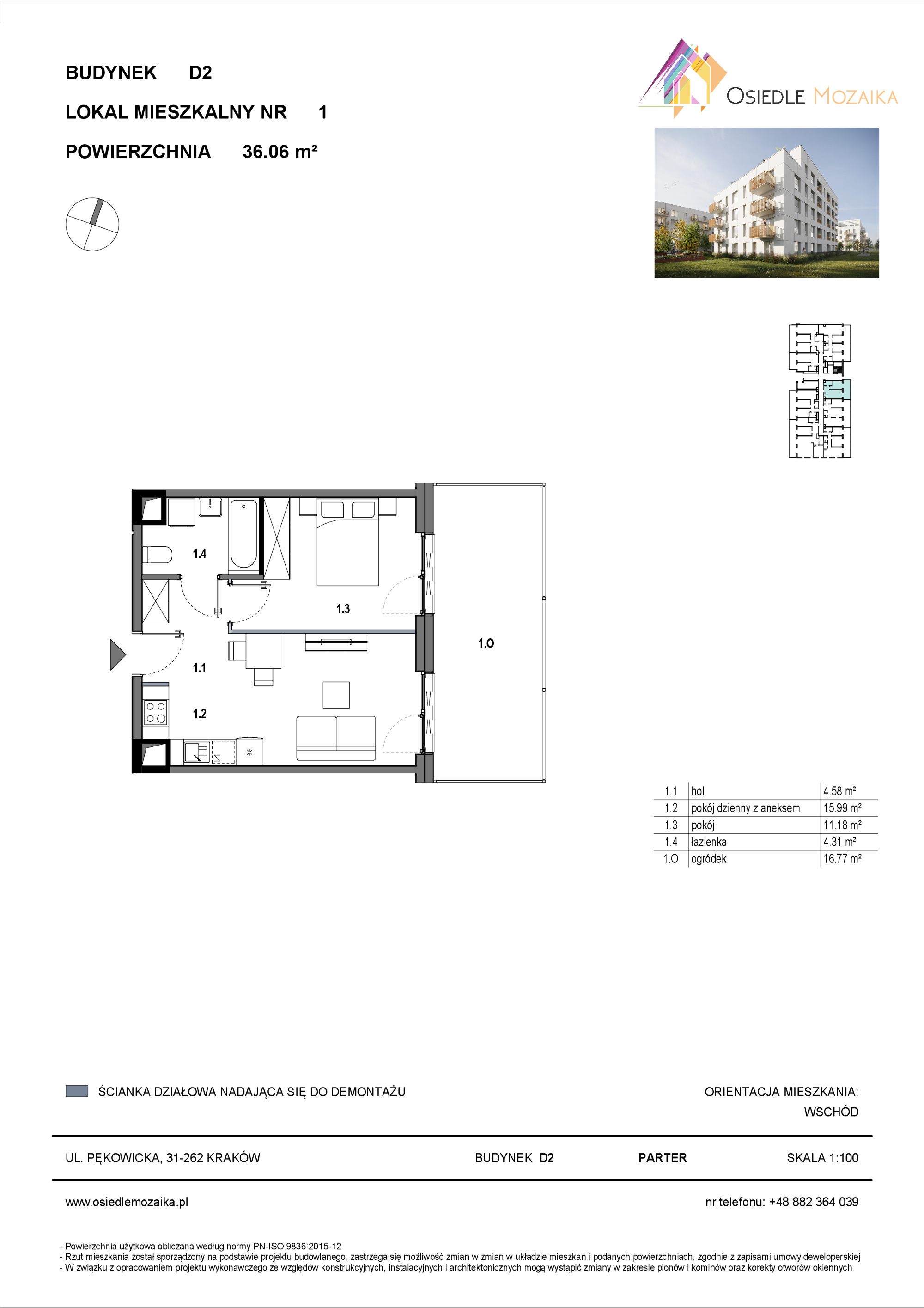 Mieszkanie 36,06 m², parter, oferta nr D2-001, Osiedle Mozaika, Kraków, Prądnik Biały, ul. Pękowicka-idx