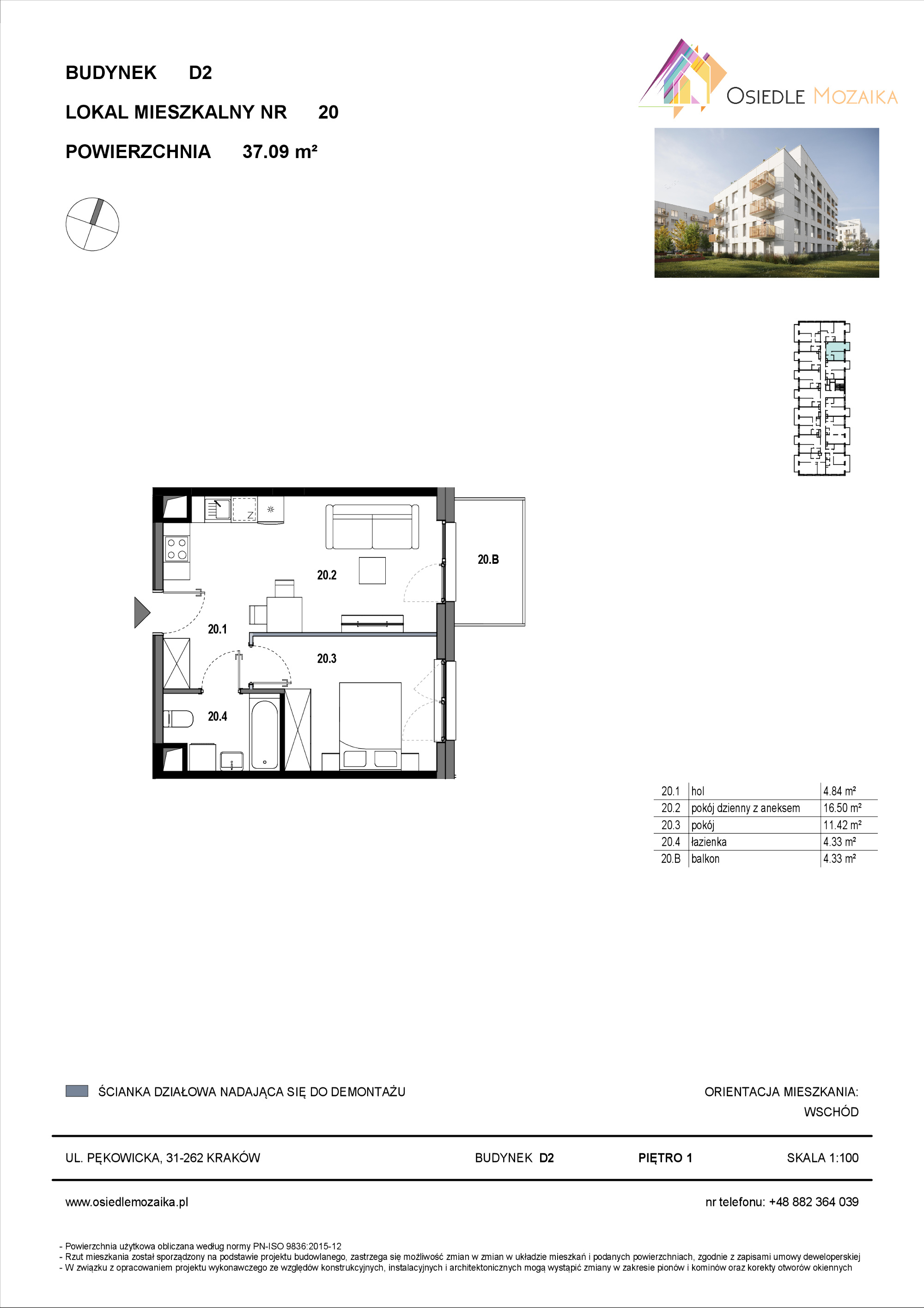 Mieszkanie 37,09 m², piętro 1, oferta nr D2-020, Osiedle Mozaika, Kraków, Prądnik Biały, ul. Pękowicka-idx