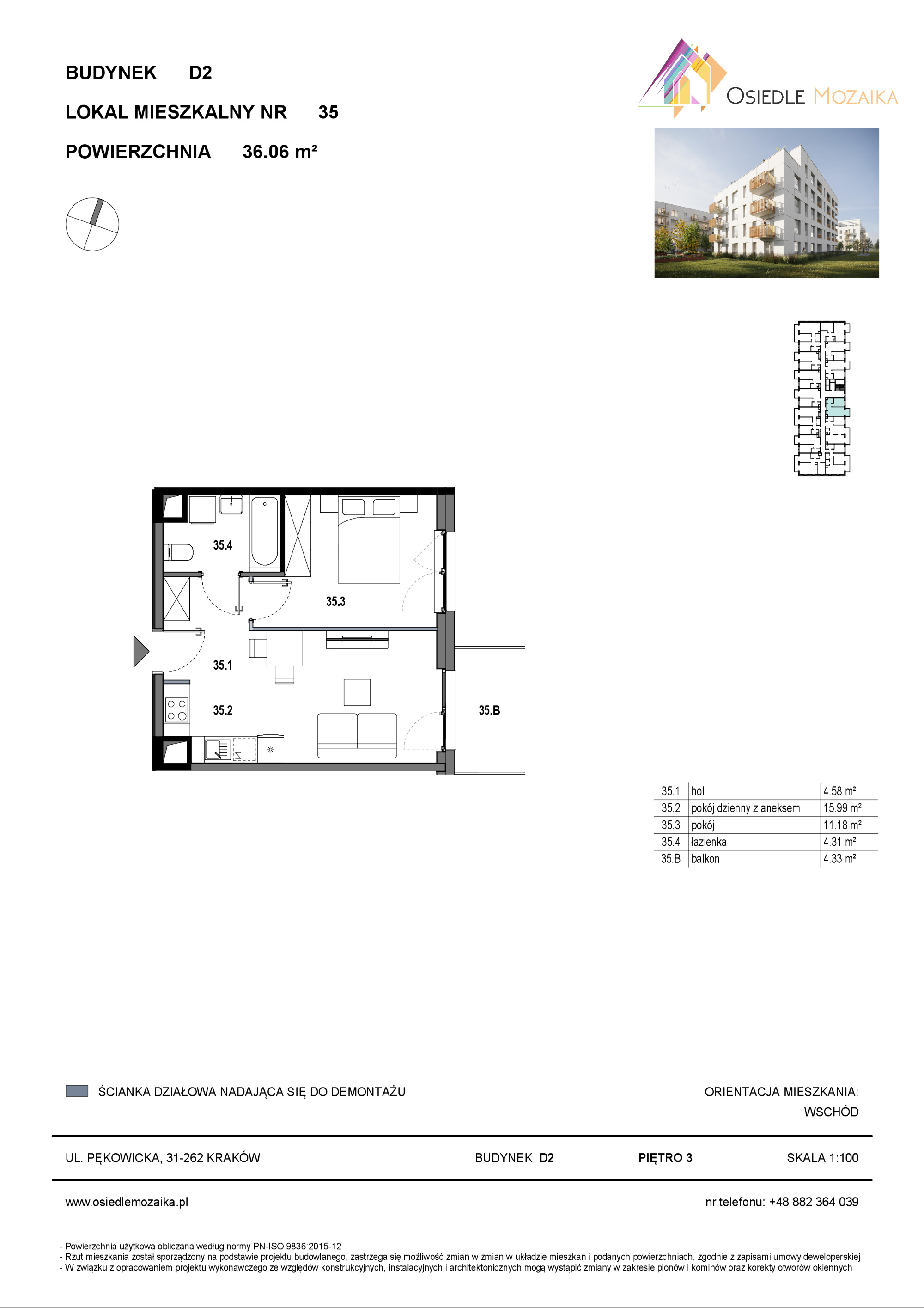 Mieszkanie 36,06 m², piętro 3, oferta nr D2-035, Osiedle Mozaika, Kraków, Prądnik Biały, ul. Pękowicka-idx