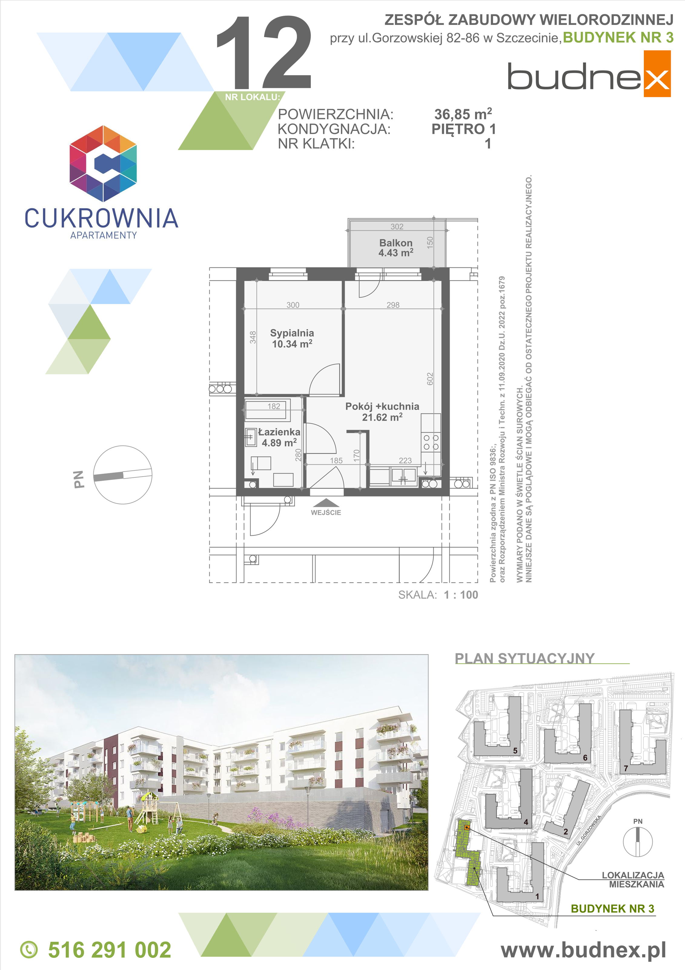 Mieszkanie 36,85 m², piętro 1, oferta nr 1/M12, Cukrownia Apartamenty - Etap IV, Szczecin, Zachód, Gumieńce, ul. Floriana Krygiera-idx