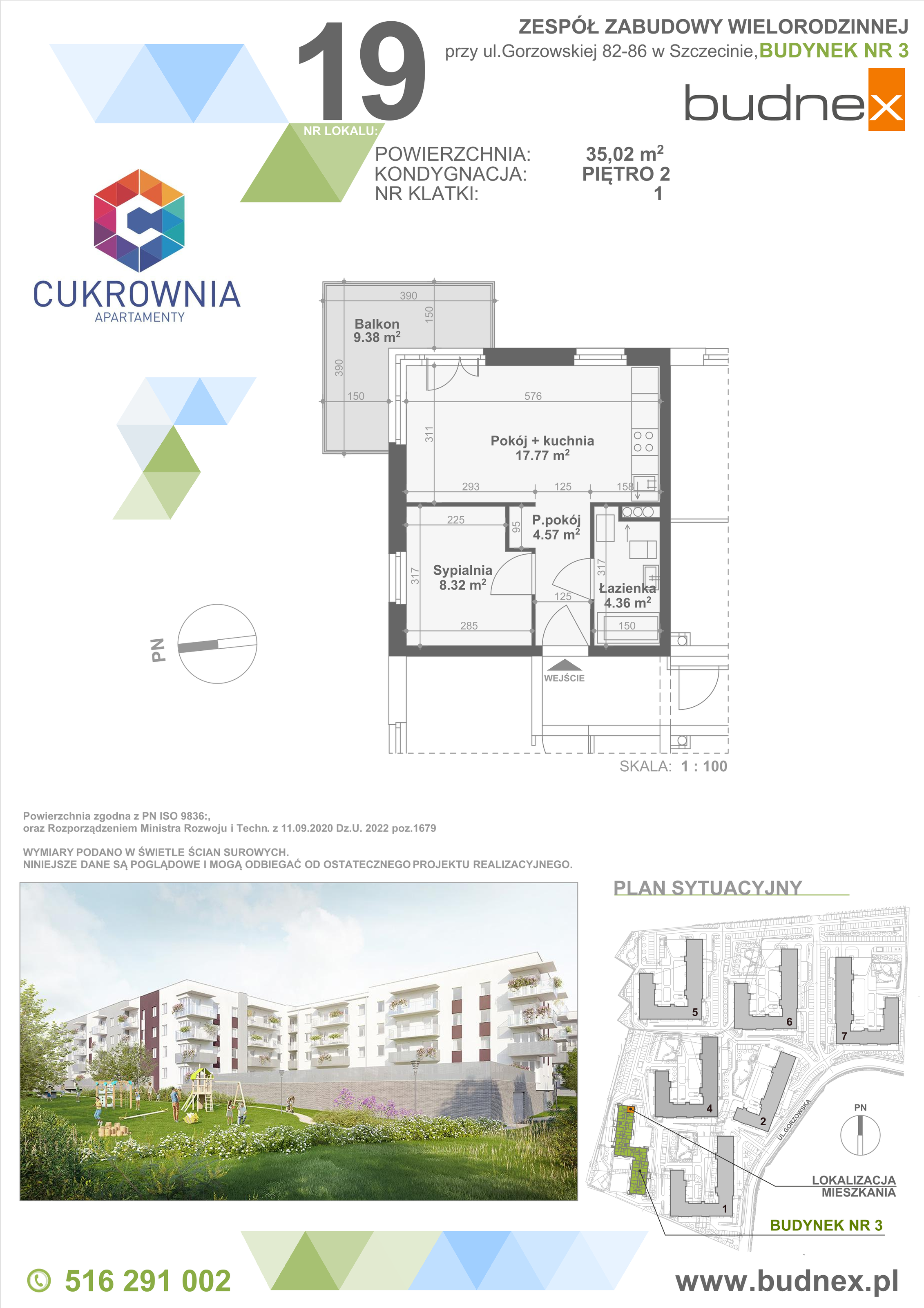 Mieszkanie 35,02 m², piętro 2, oferta nr 1/M19, Cukrownia Apartamenty - Etap IV, Szczecin, Zachód, Gumieńce, ul. Floriana Krygiera-idx