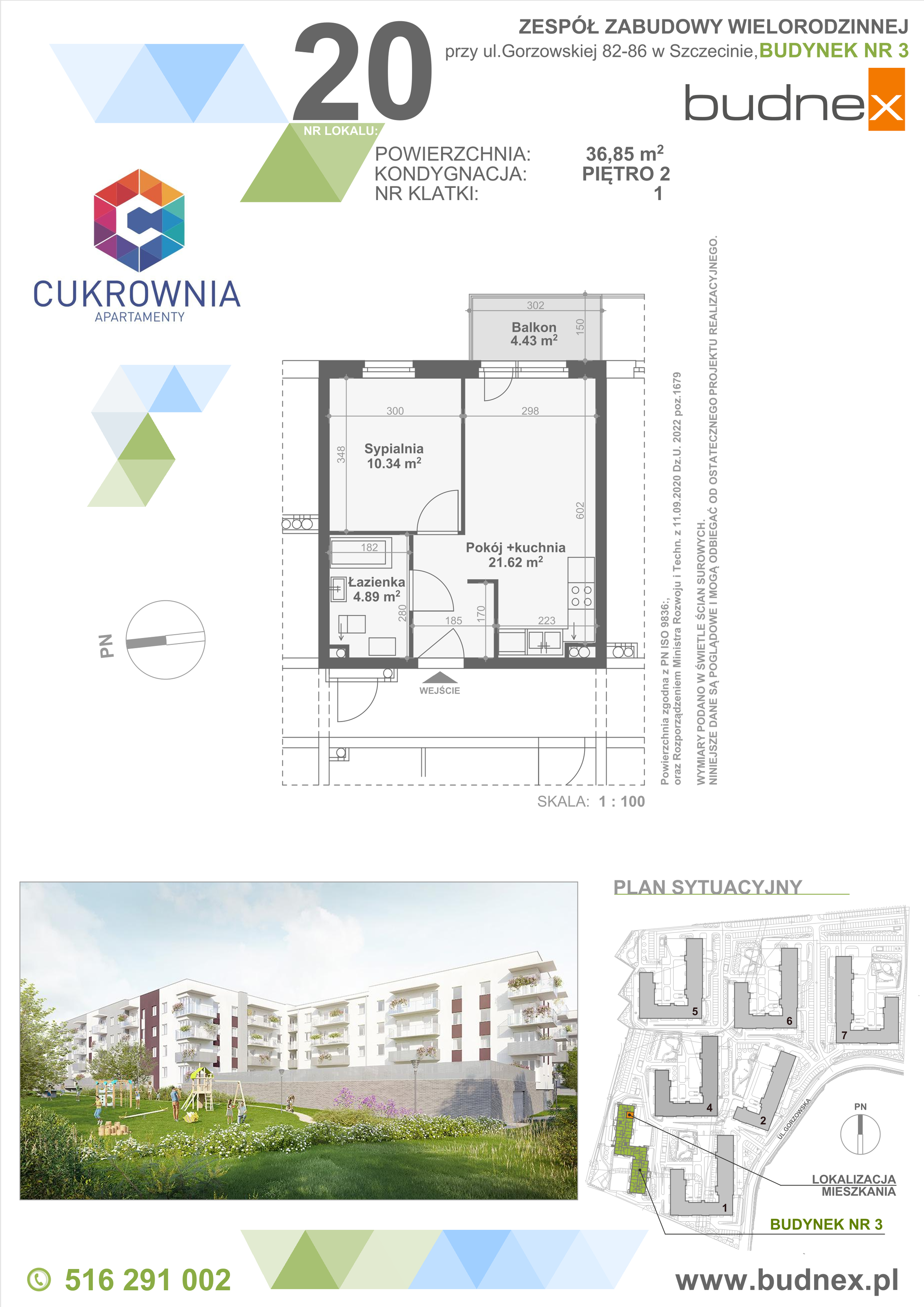 Mieszkanie 36,85 m², piętro 2, oferta nr 1/M20, Cukrownia Apartamenty - Etap IV, Szczecin, Zachód, Gumieńce, ul. Floriana Krygiera-idx