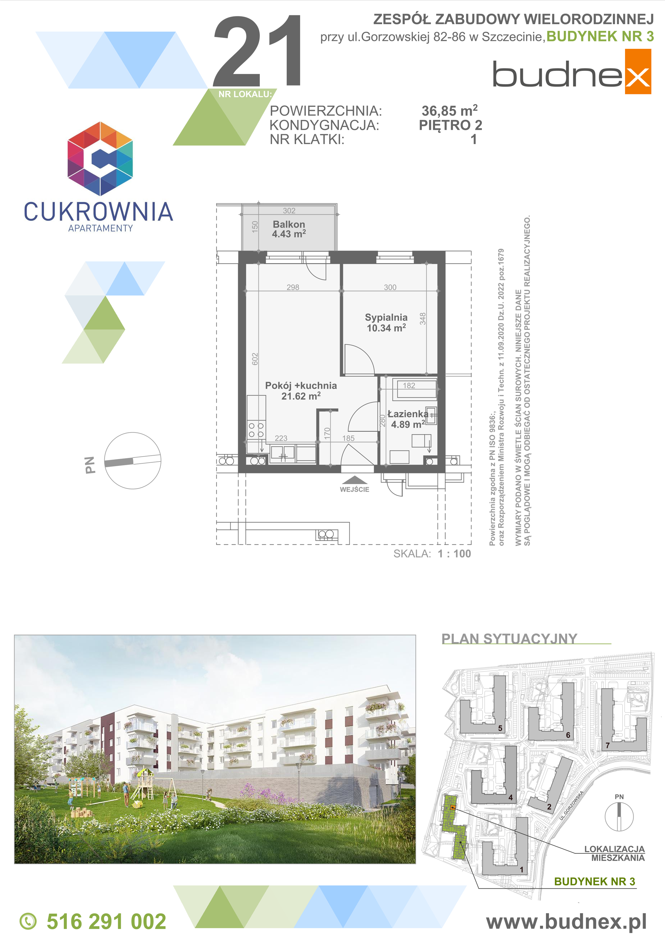 Mieszkanie 36,85 m², piętro 2, oferta nr 1/M21, Cukrownia Apartamenty - Etap IV, Szczecin, Zachód, Gumieńce, ul. Floriana Krygiera-idx