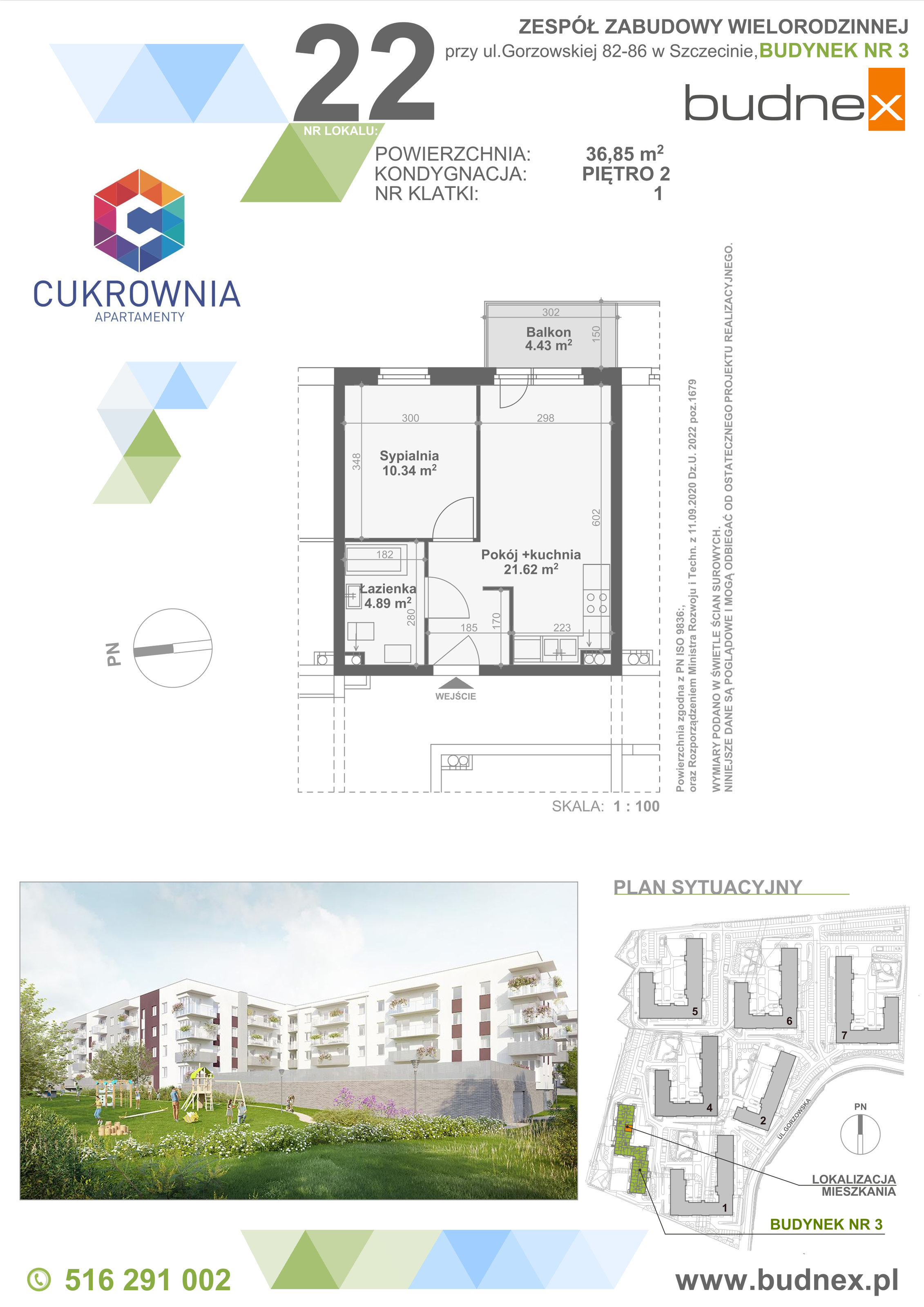 Mieszkanie 36,85 m², piętro 2, oferta nr 1/M22, Cukrownia Apartamenty - Etap IV, Szczecin, Zachód, Gumieńce, ul. Floriana Krygiera-idx