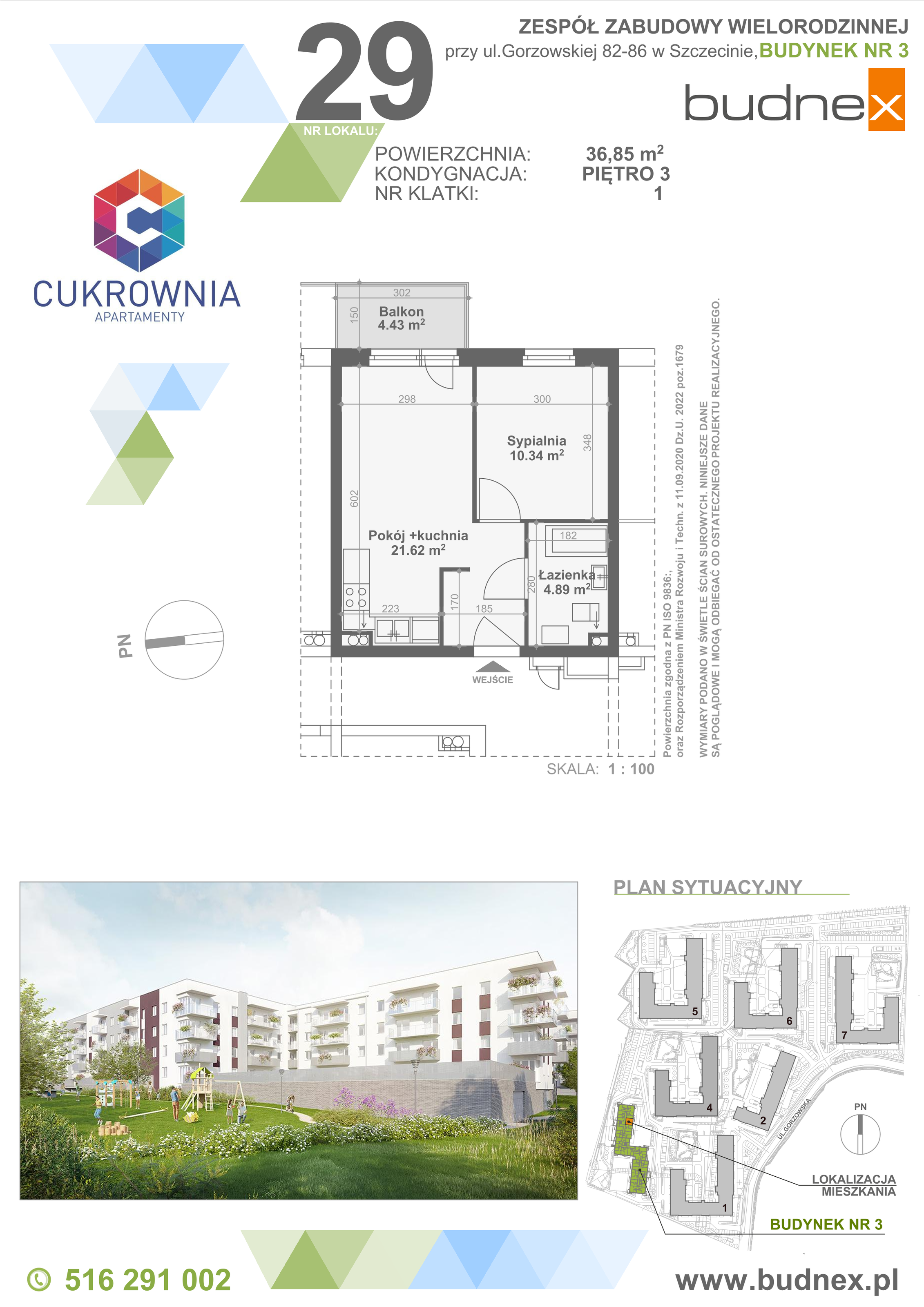 Mieszkanie 36,85 m², piętro 3, oferta nr 1/M29, Cukrownia Apartamenty - Etap IV, Szczecin, Zachód, Gumieńce, ul. Floriana Krygiera-idx