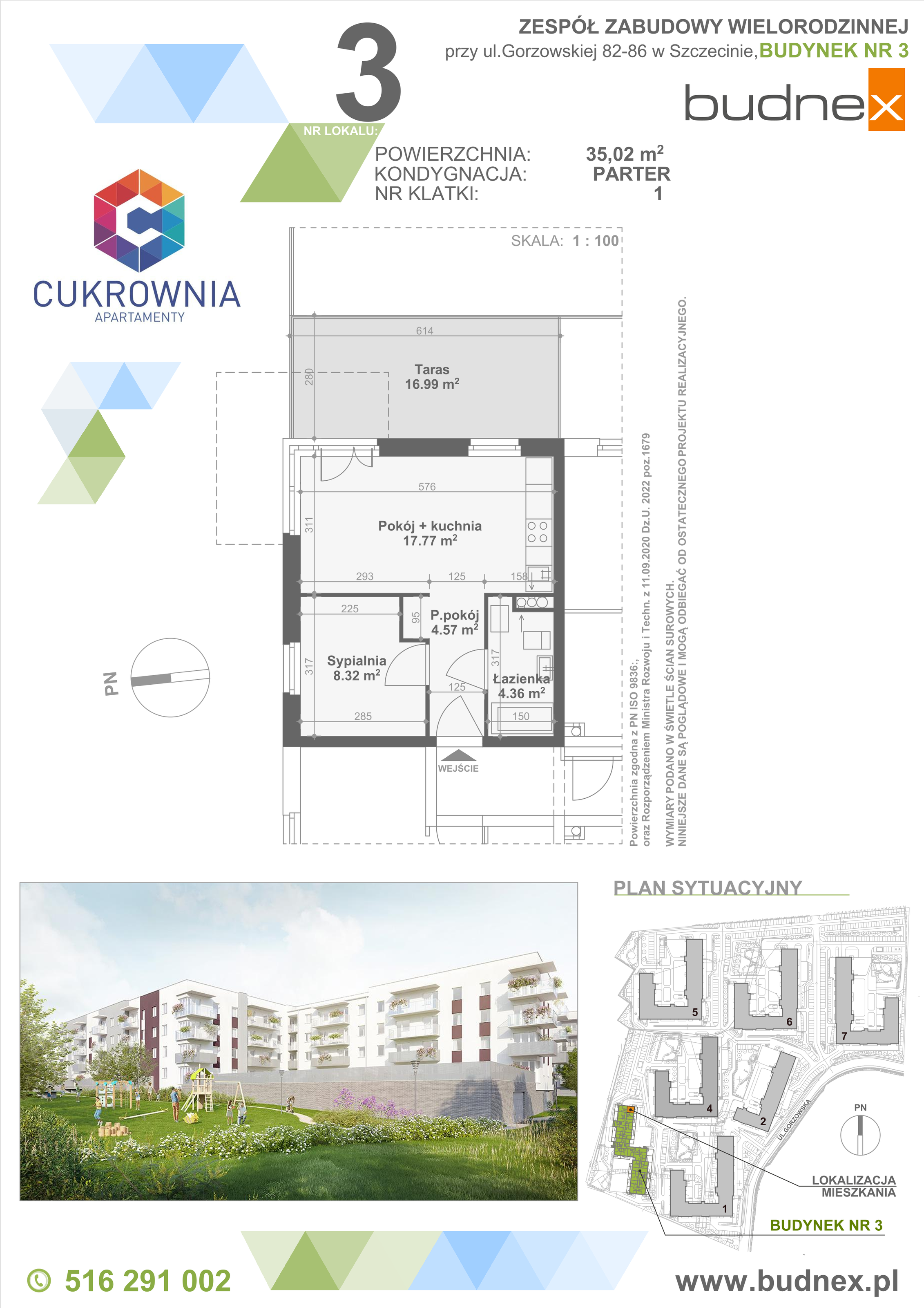 Mieszkanie 35,02 m², parter, oferta nr 1/M3, Cukrownia Apartamenty - Etap IV, Szczecin, Zachód, Gumieńce, ul. Floriana Krygiera-idx