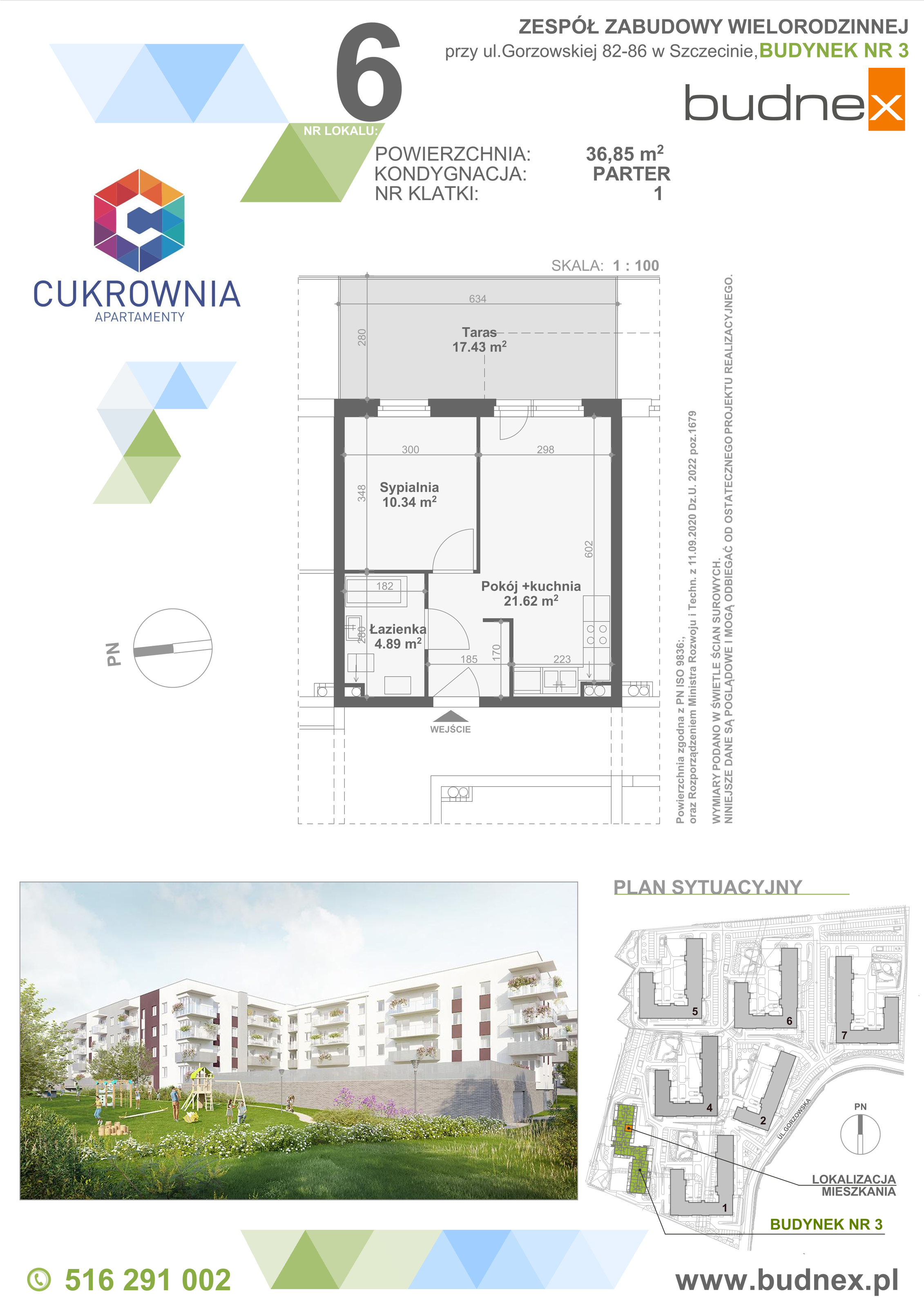 Mieszkanie 36,85 m², parter, oferta nr 1/M6, Cukrownia Apartamenty - Etap IV, Szczecin, Zachód, Gumieńce, ul. Floriana Krygiera-idx