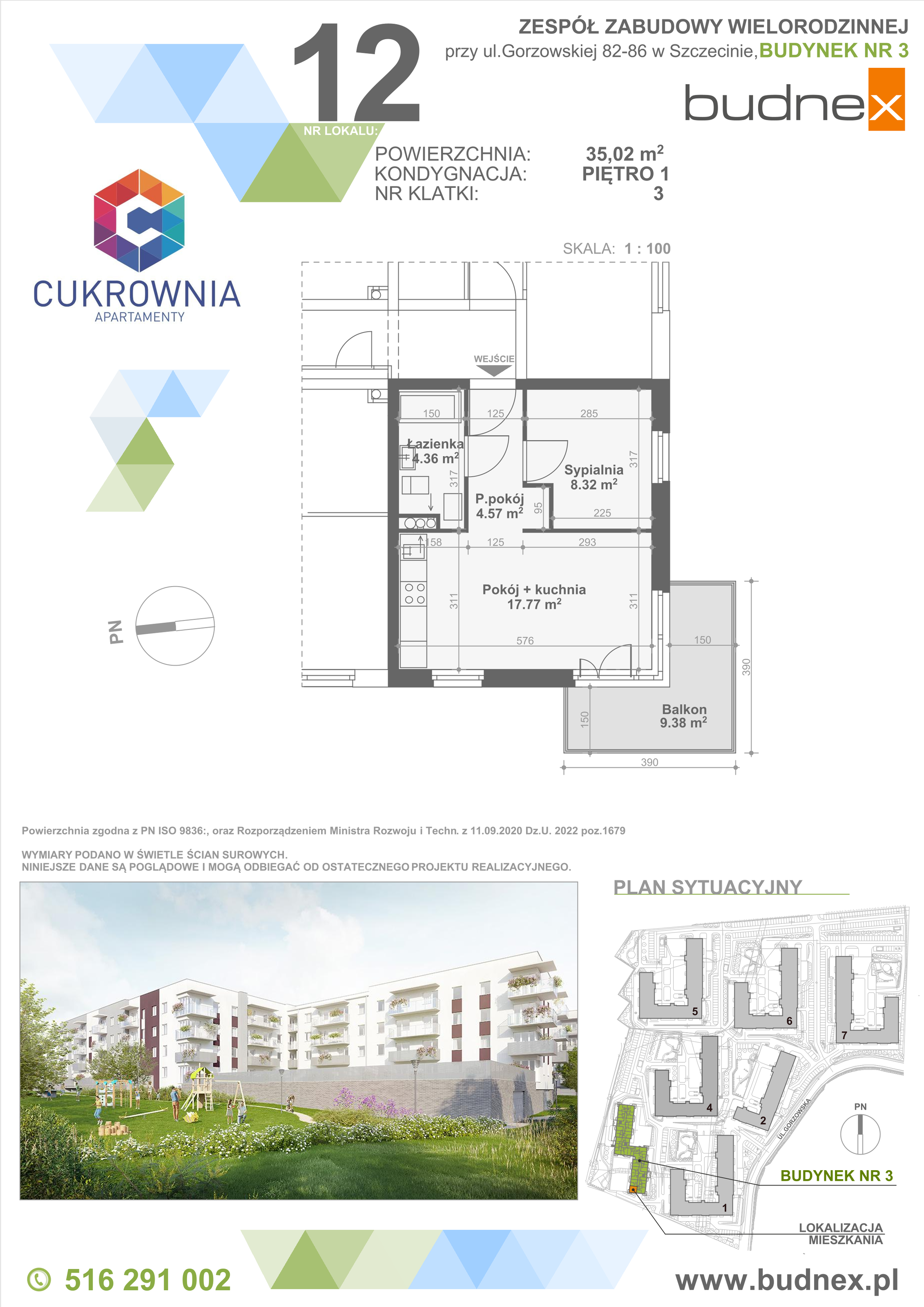 Mieszkanie 35,02 m², piętro 1, oferta nr 3/M12, Cukrownia Apartamenty - Etap IV, Szczecin, Zachód, Gumieńce, ul. Floriana Krygiera-idx